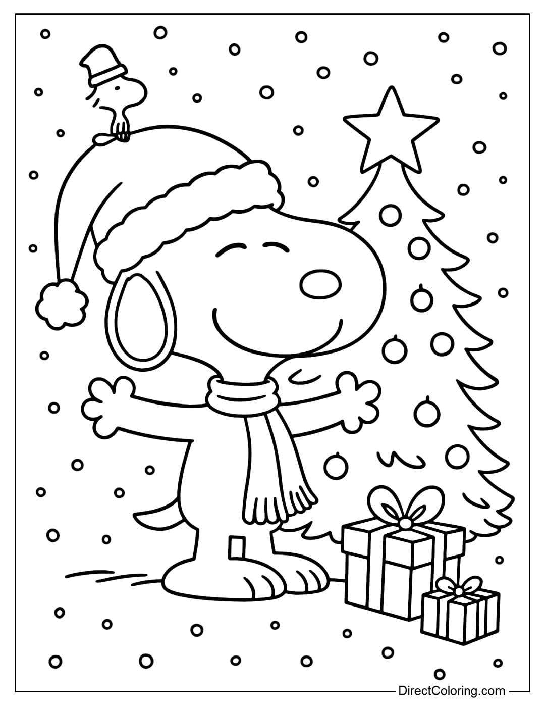 Coloring page featuring Snoopy in a Santa hat and scarf, happily standing beside a decorated Christmas tree with presents.