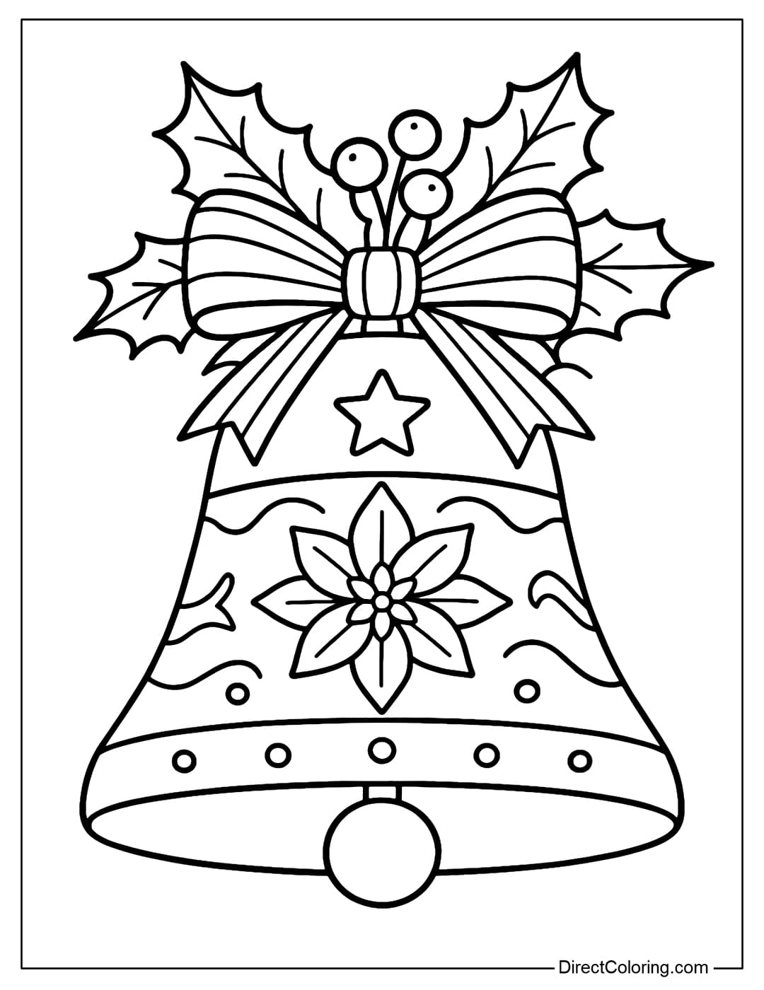Christmas bell coloring page decorated with holly leaves and poinsettia flowers, with striped bows, holly leaves and berries.