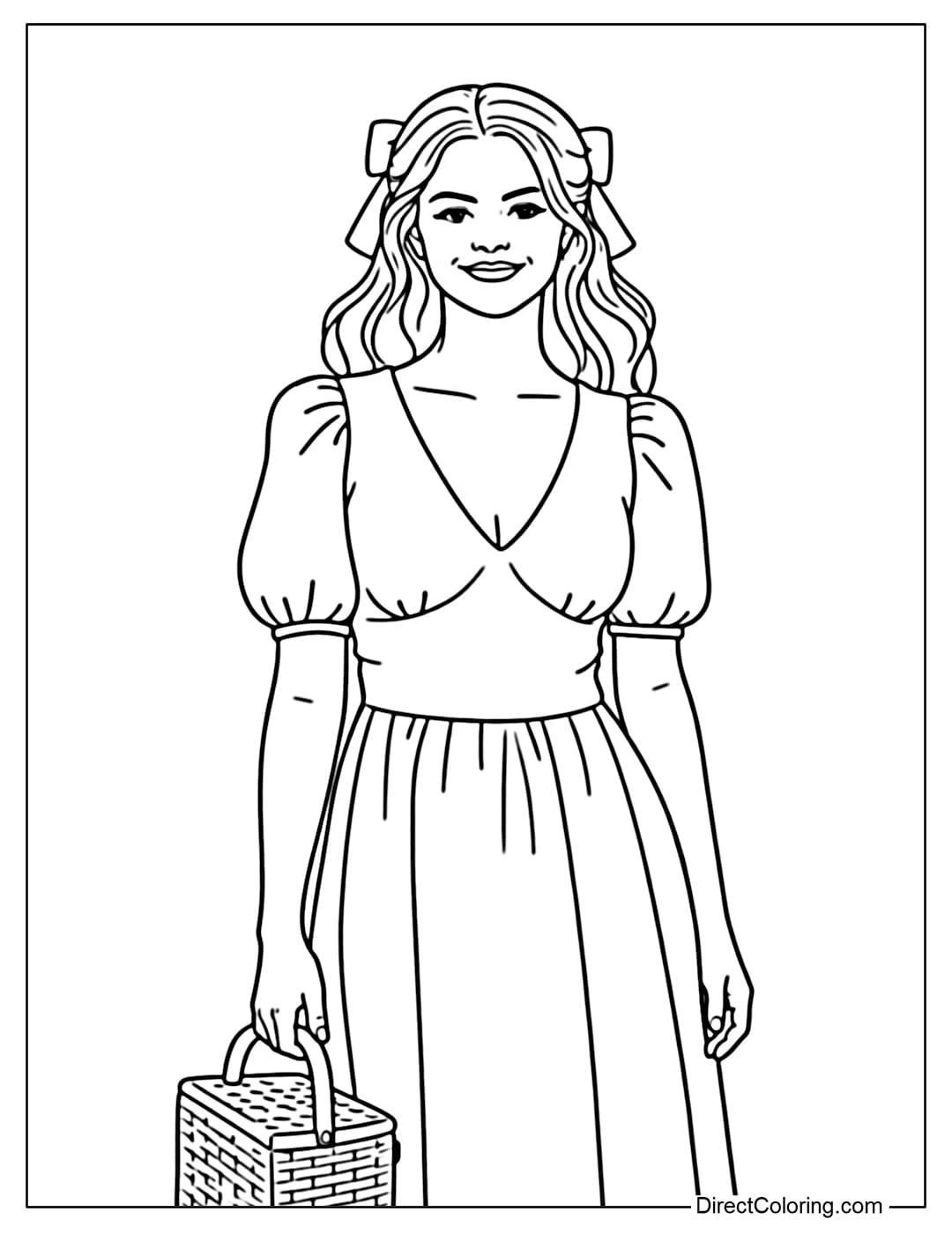 Selena Gomez smiling gently, wearing a light V-neck dress and carrying a handbag.