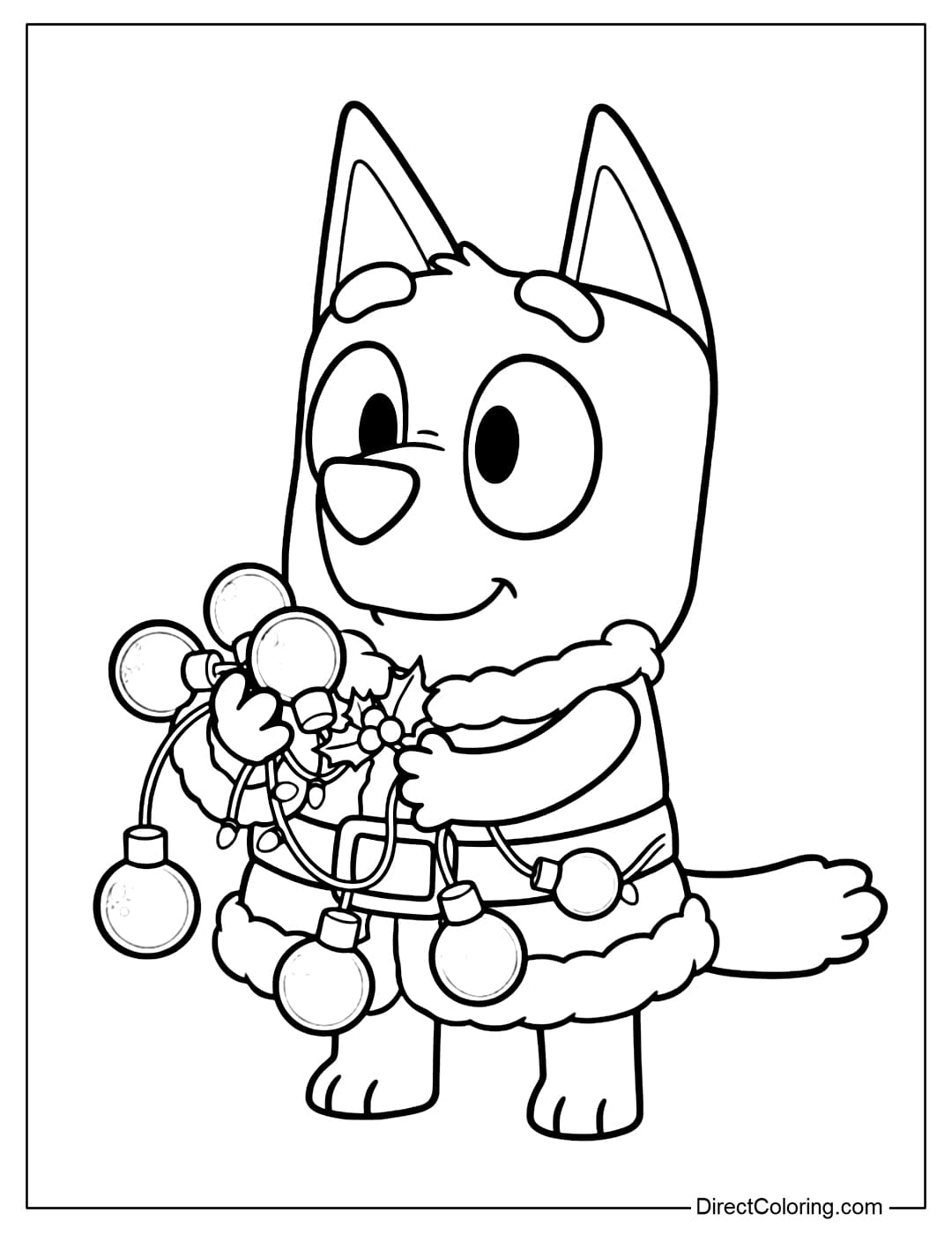 Bluey wearing a fur coat with a Christmas border holding a bunch of Christmas decorative balls and holly leaves.