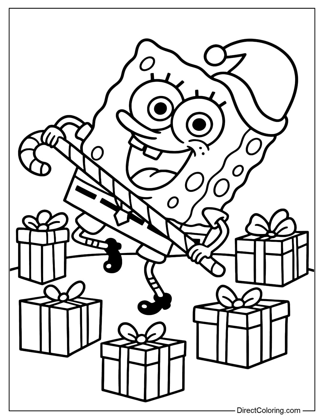 Coloring page of SpongeBob wearing a Santa hat and joyfully twirling a candy cane among wrapped Christmas gifts.