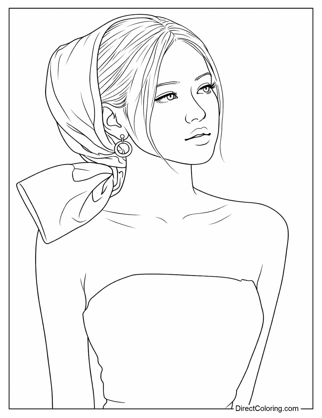 A beautiful Rosé Blackpink coloring page with a neatly wrapped headscarf, showcasing her delicate face and distant gaze.