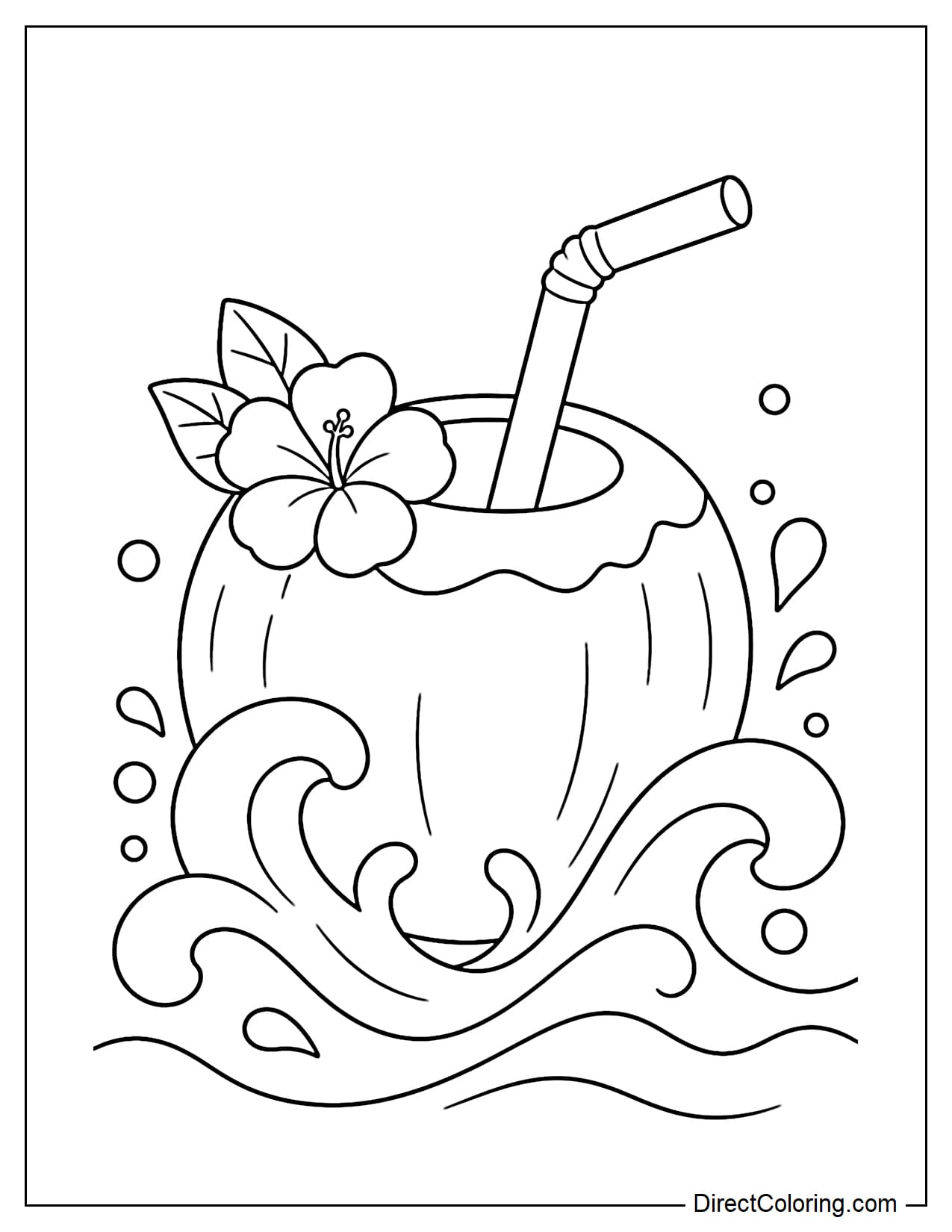 A coconut drink with a large straw, featuring simple, large, curved ocean waves at the bottom to create a splash effect.