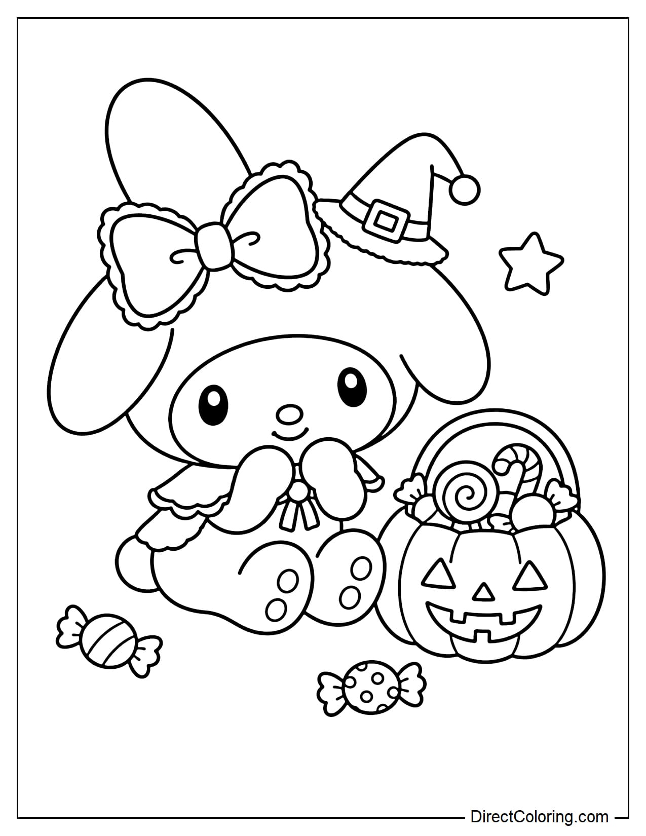 My Melody sitting beside a pumpkin-shaped candy bucket, with her familiar bunny-ear hood bow and a small Halloween hat on her head.