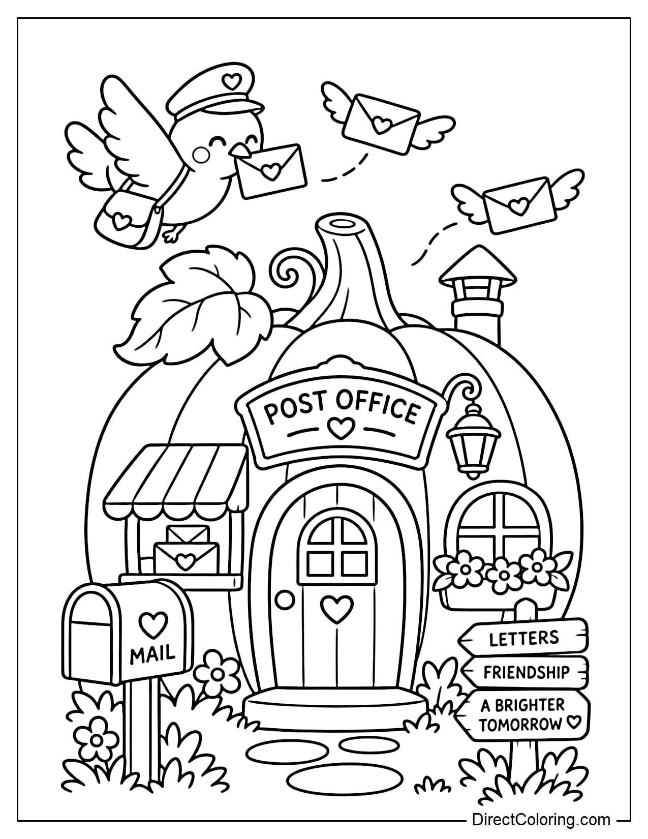 A tiny post office shaped like a pumpkin, with a small mailbox in front, winged letters flying around the roof, and a little mail bird wearing a mini bag while carrying a letter.