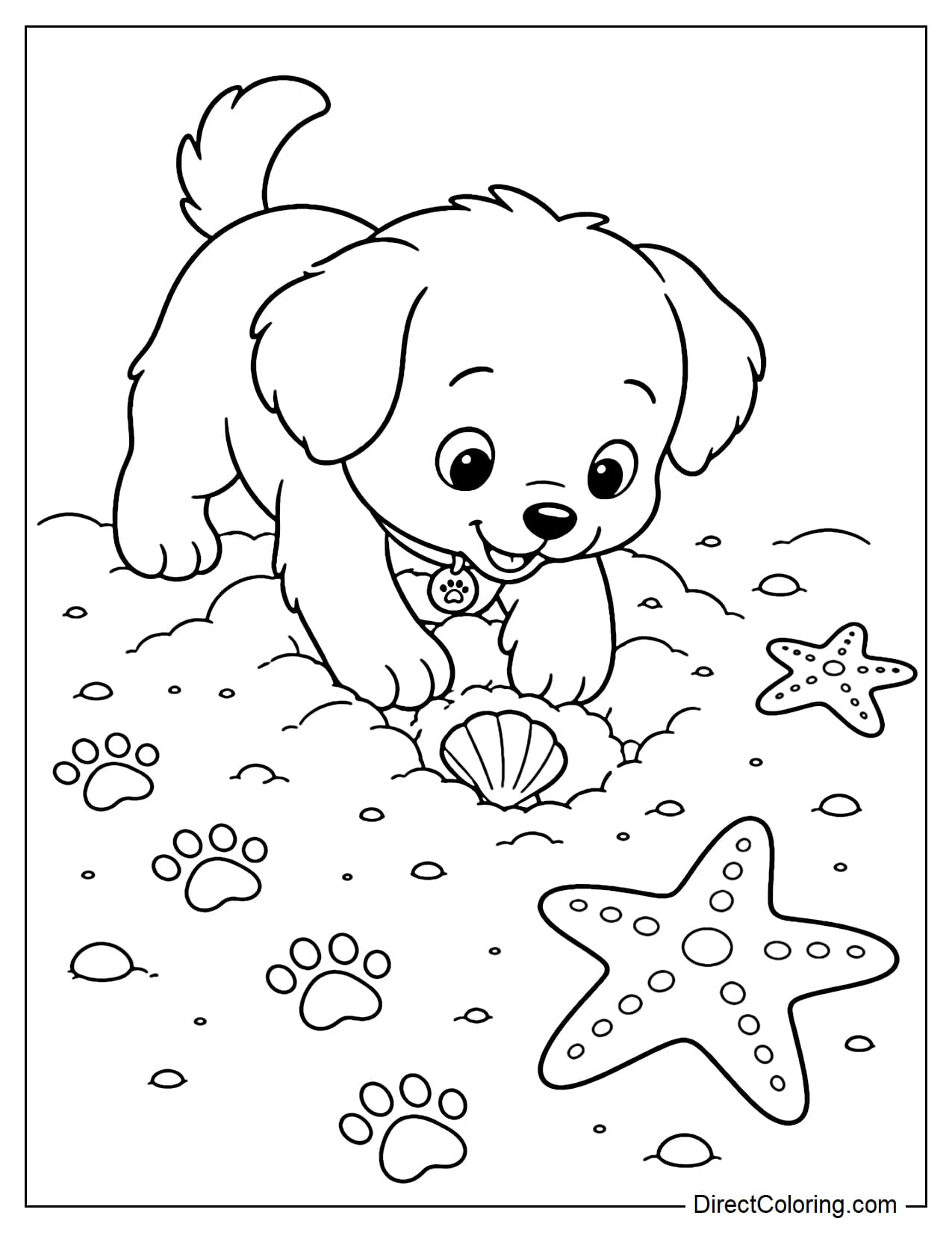A small dog digging in the sand for seashells, surrounded by footprints and a large starfish.