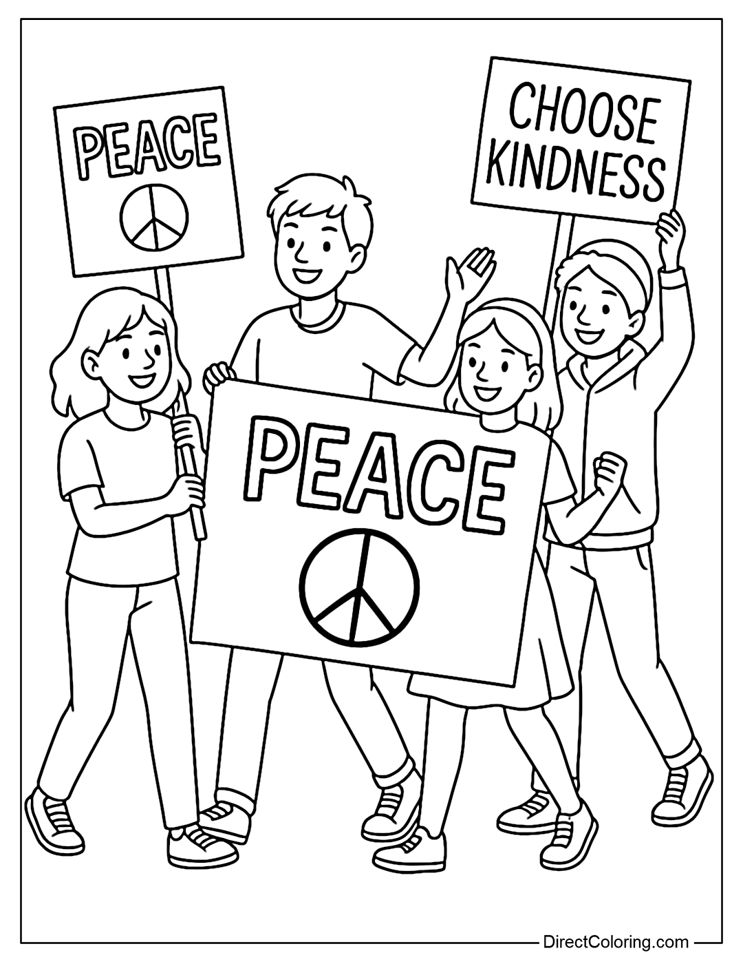 Coloring page of young people participating in the peace march with positive banners.