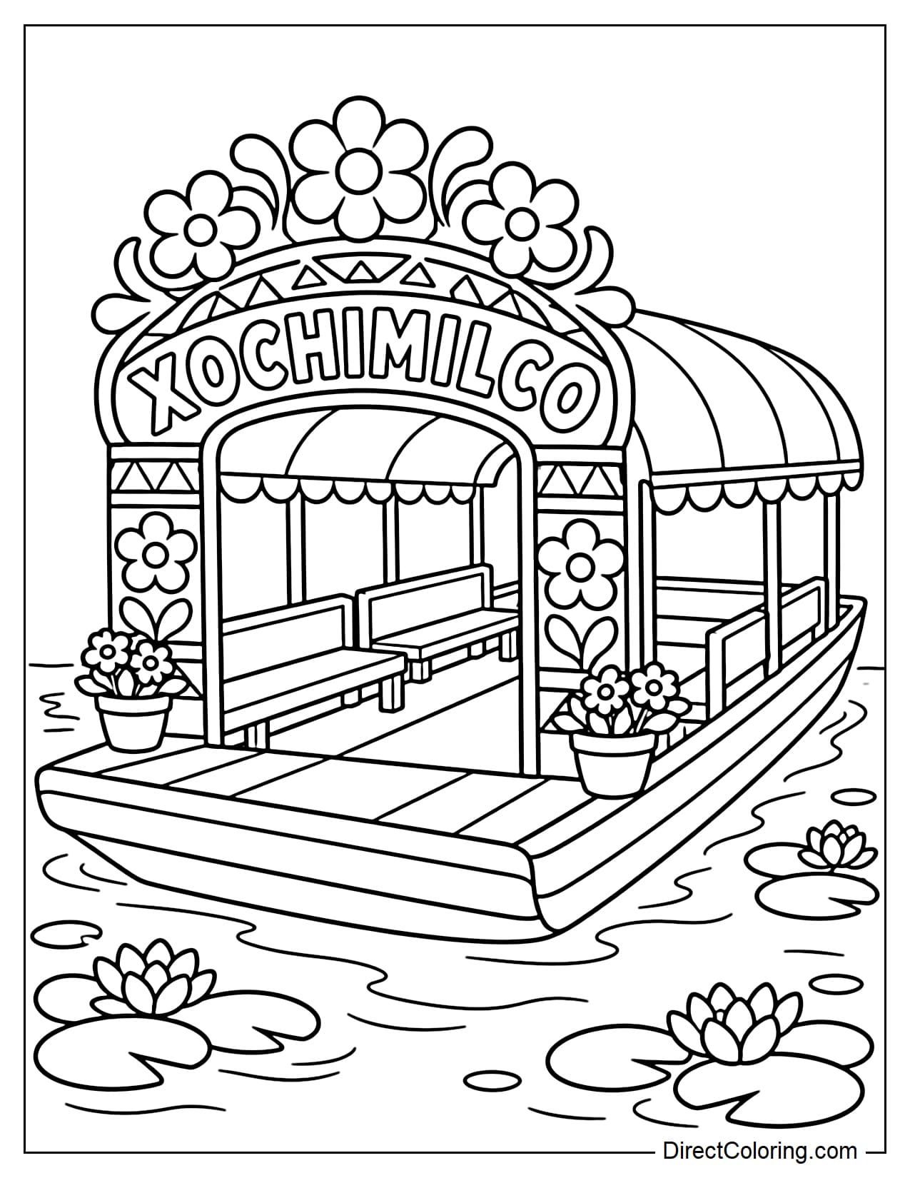 A traditional Mexican trajinera boat is shown from a three-quarter angle, featuring a canopy and a large floral arch displaying the word 
