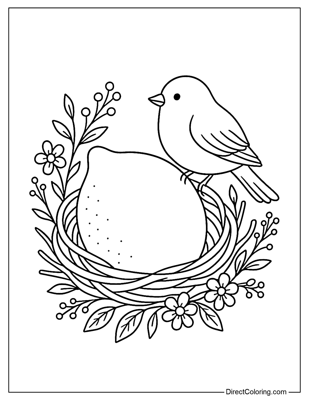 A lemon coloring page in a nest made of twigs and dried flowers, with a small bird sitting on the edge of the nest, creating a warm and gentle feeling.