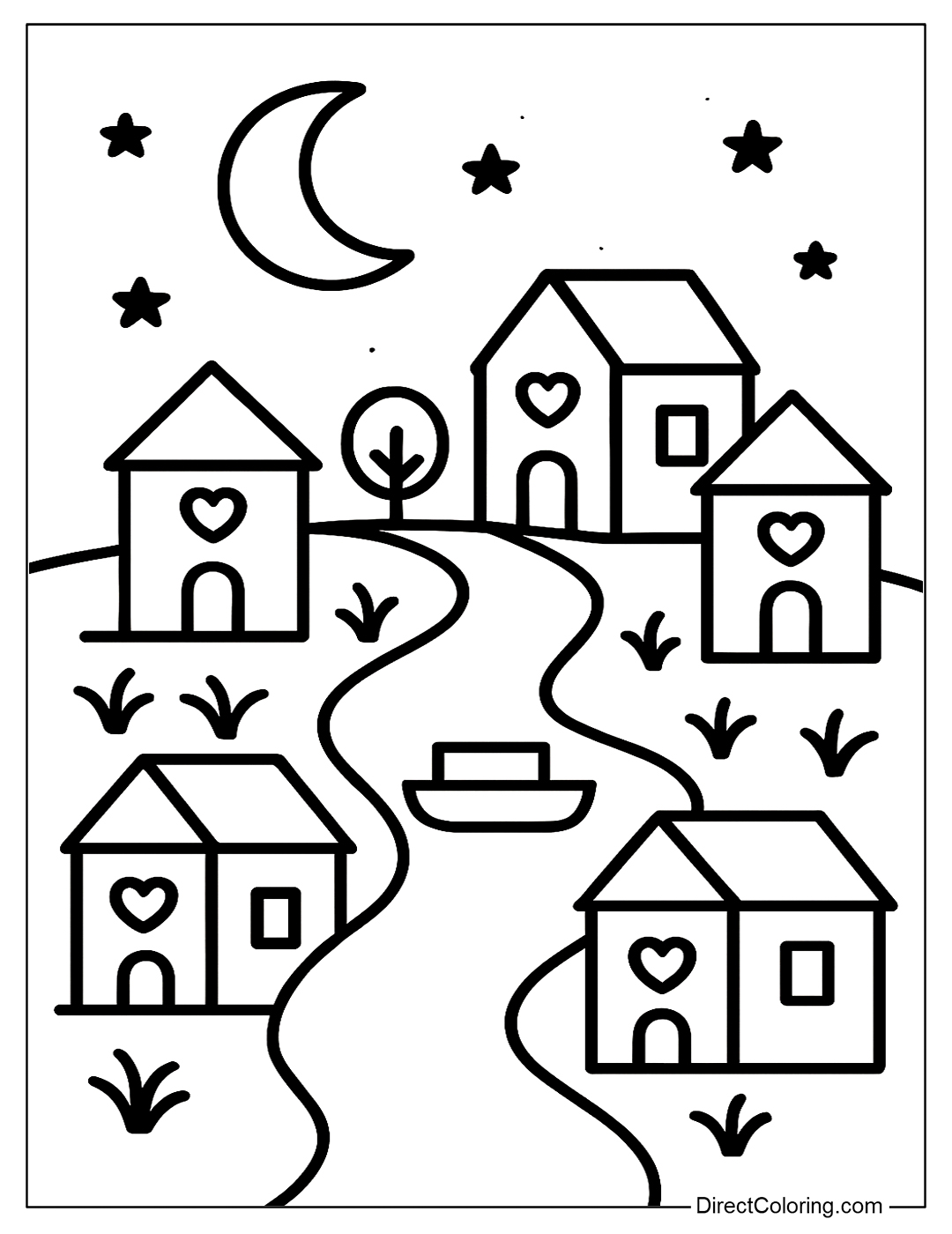 a coloring page Draw a coloring page of a city with a winding river in the middle, on the river there is a small rectangular boat
