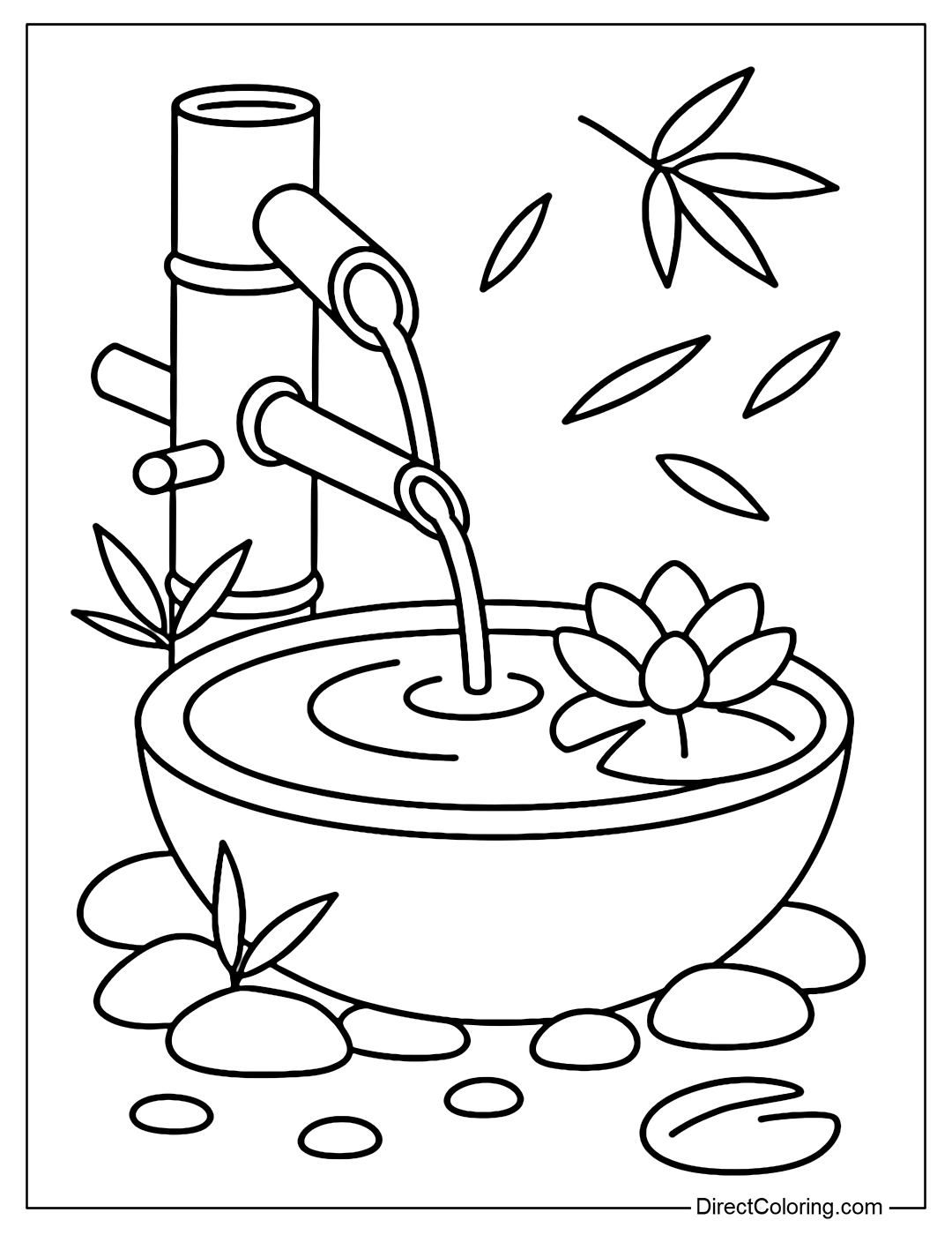 Coloring page of shishi-odoshi bamboo fountain dripping into stone basin, lotus flowers and bamboo leaves flying, pebbles arranged in the background