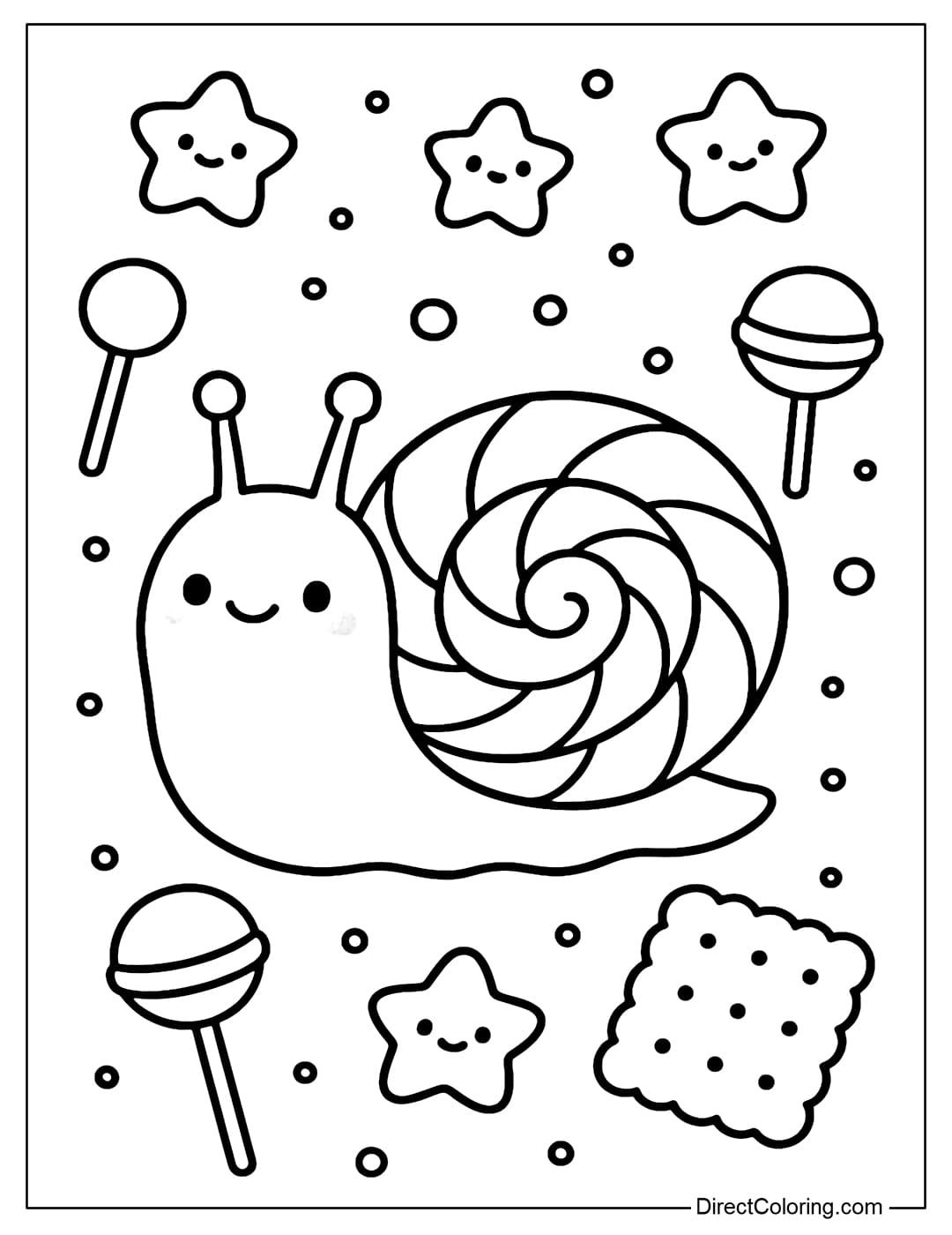 Coloring Page A snail shell turns into a giant twisted candy, surrounded by lollipops, cookies, and star-shaped marshmallows.