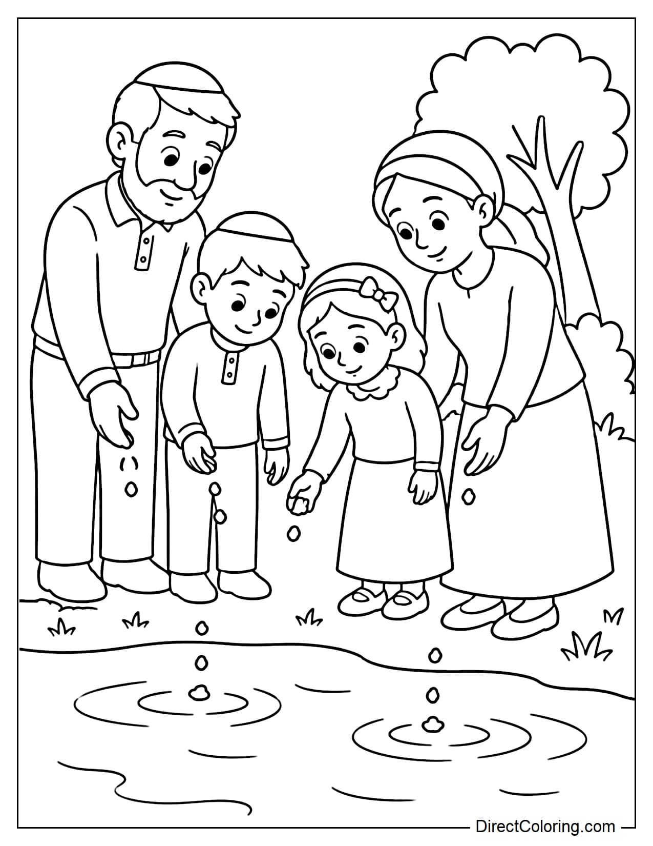 A Jewish family stands by the riverbank performing the Tashlich ritual; the parents and two children gaze down at the water with peaceful expressions.