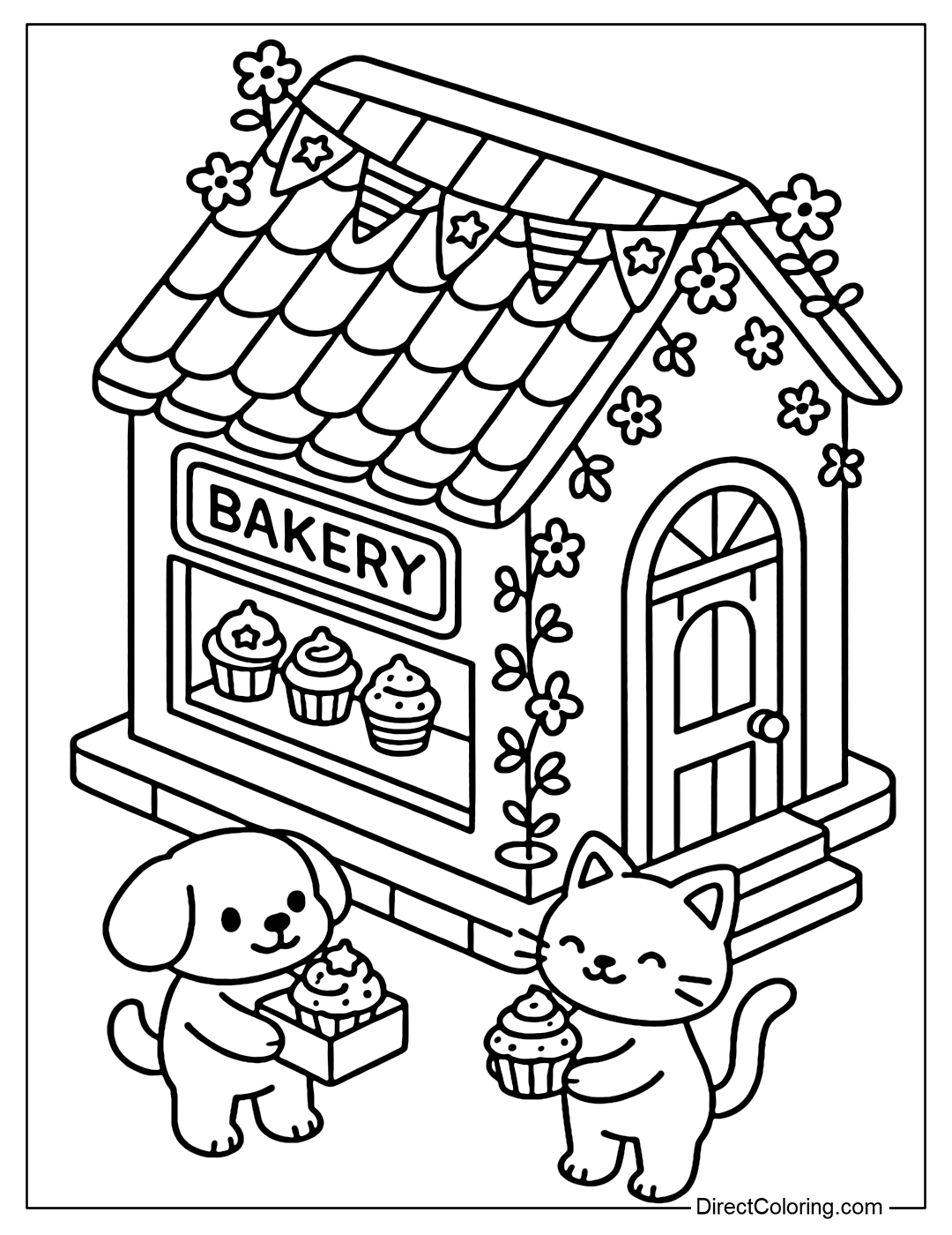 Coloring page of isometric National Day bakery, roof hanging with flags and small flowers; puppy and kitten holding cupcake box; in the glass door lined with star-striped cupcakes.