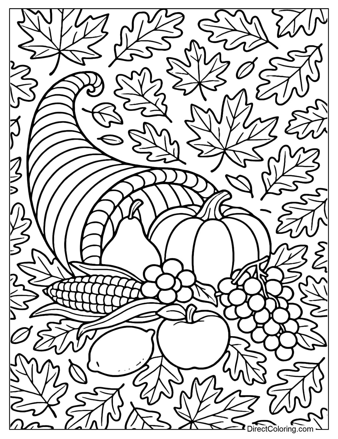 Cornucopia coloring page is set on the background of maple leaves, oak leaves falling all over.