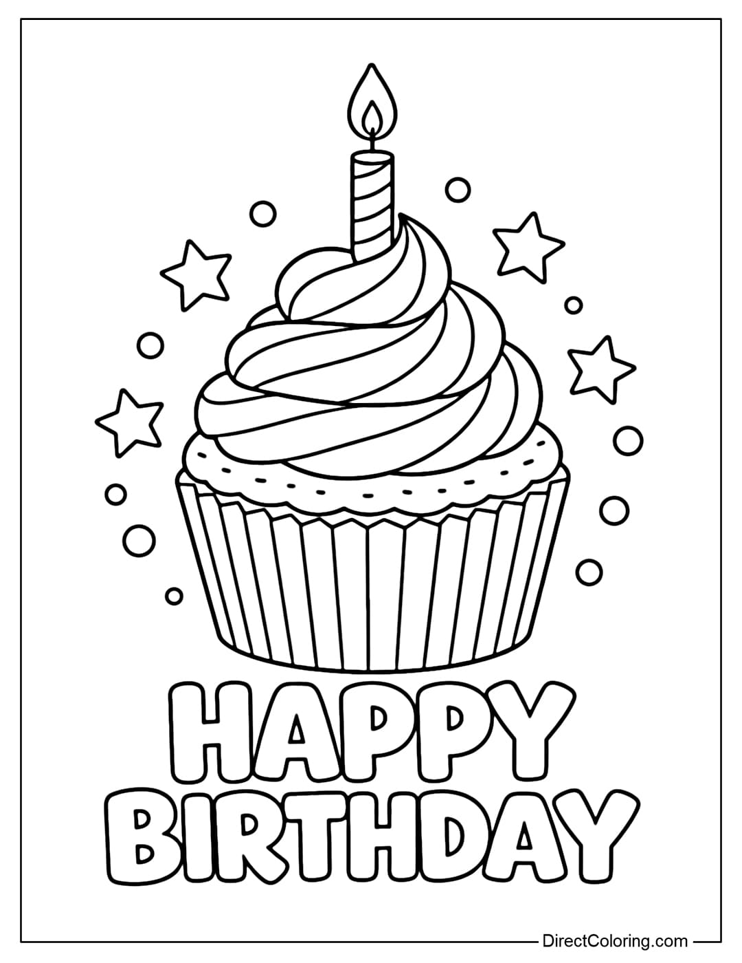 A coloring page of a large cupcake with a swirling frosting, a candle on top, and the words 