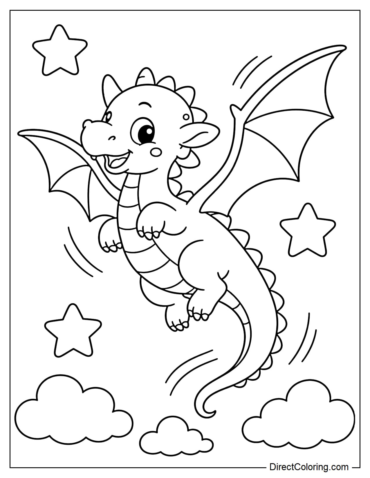A dragon is flying high in the sky with its large wings spread wide, legs tucked in slightly, and a long curved tail behind it. Below are a few soft clouds and stars.