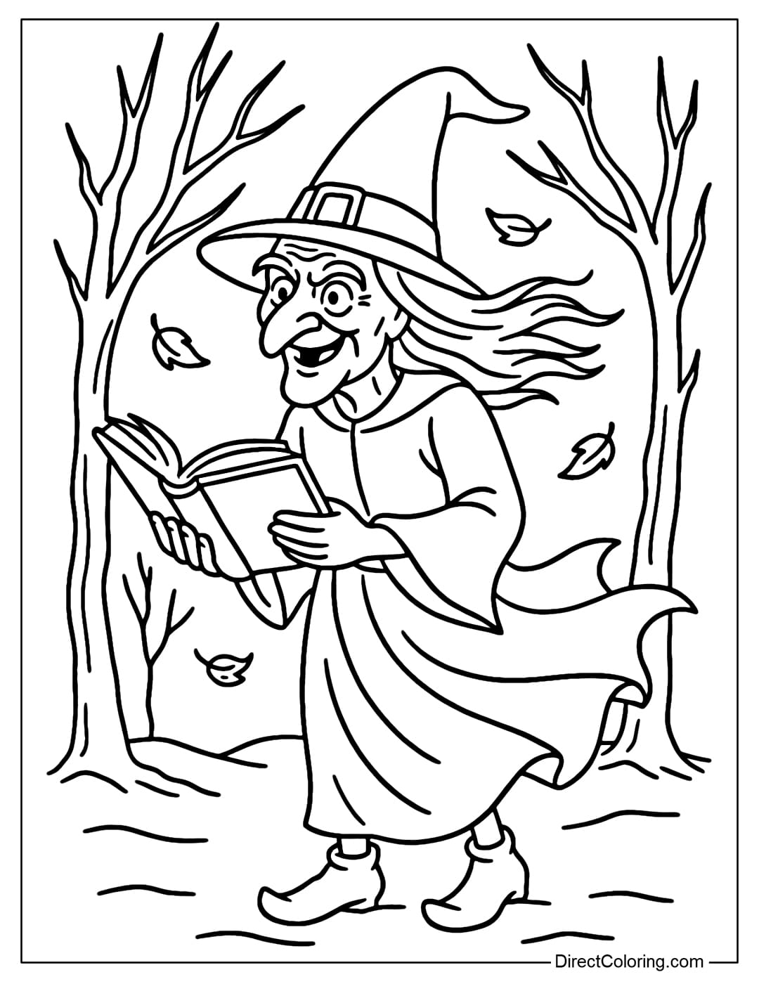A coloring page of a funny old witch standing in a dry forest, holding an open spell book in her hand, a few leaves flying around.