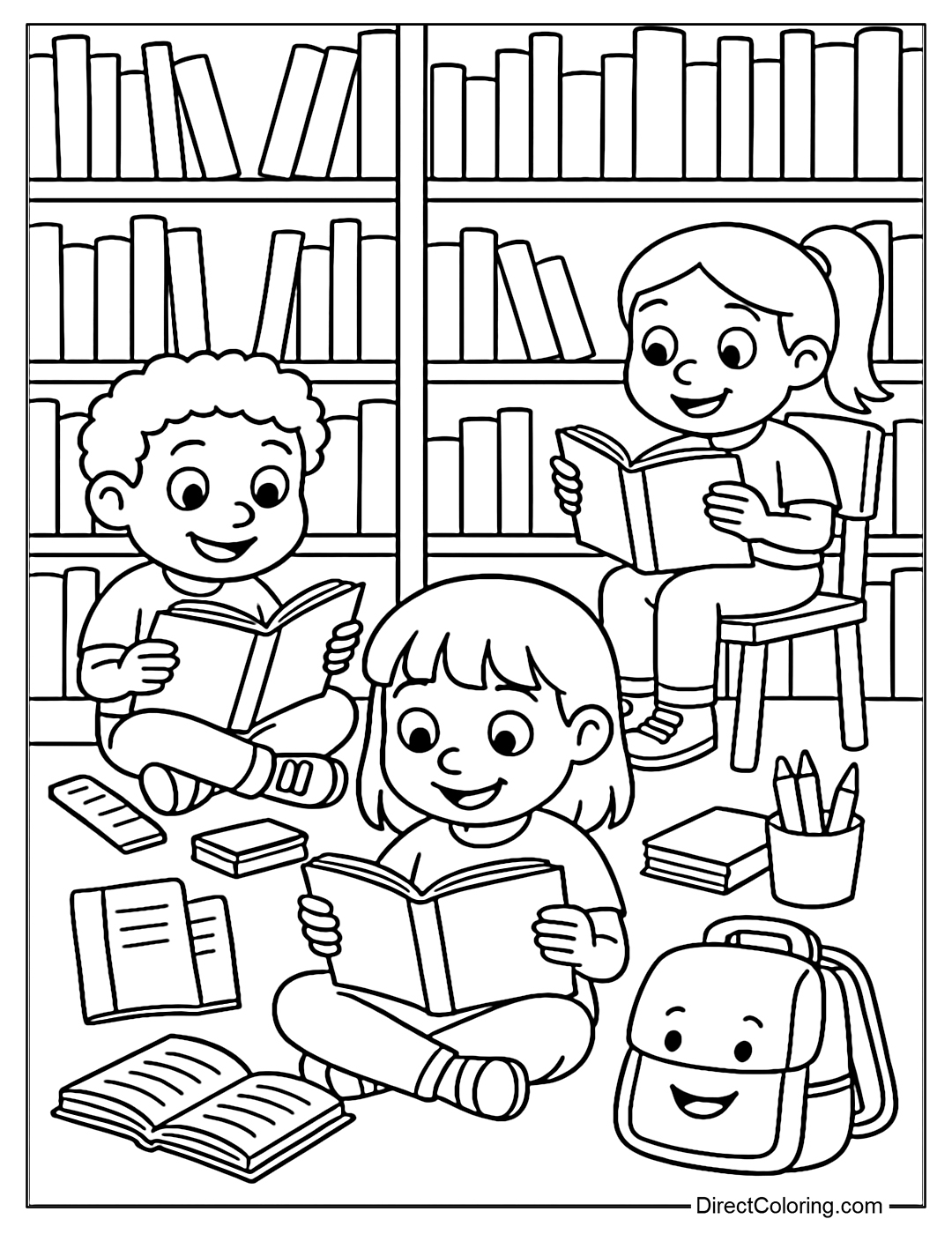 Coloring page of children reading books in the library with bookshelves around.
