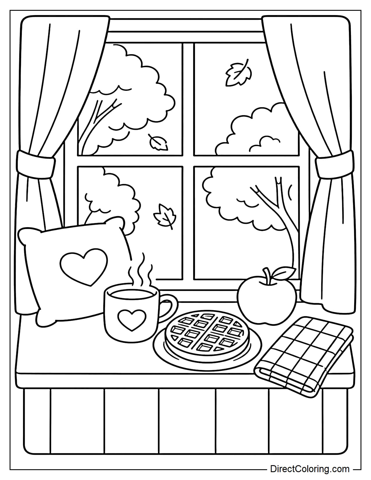 A wide windowsill is turned into a cozy breakfast nook with a hot drink, round waffles, an apple, and a neatly folded plaid cloth.