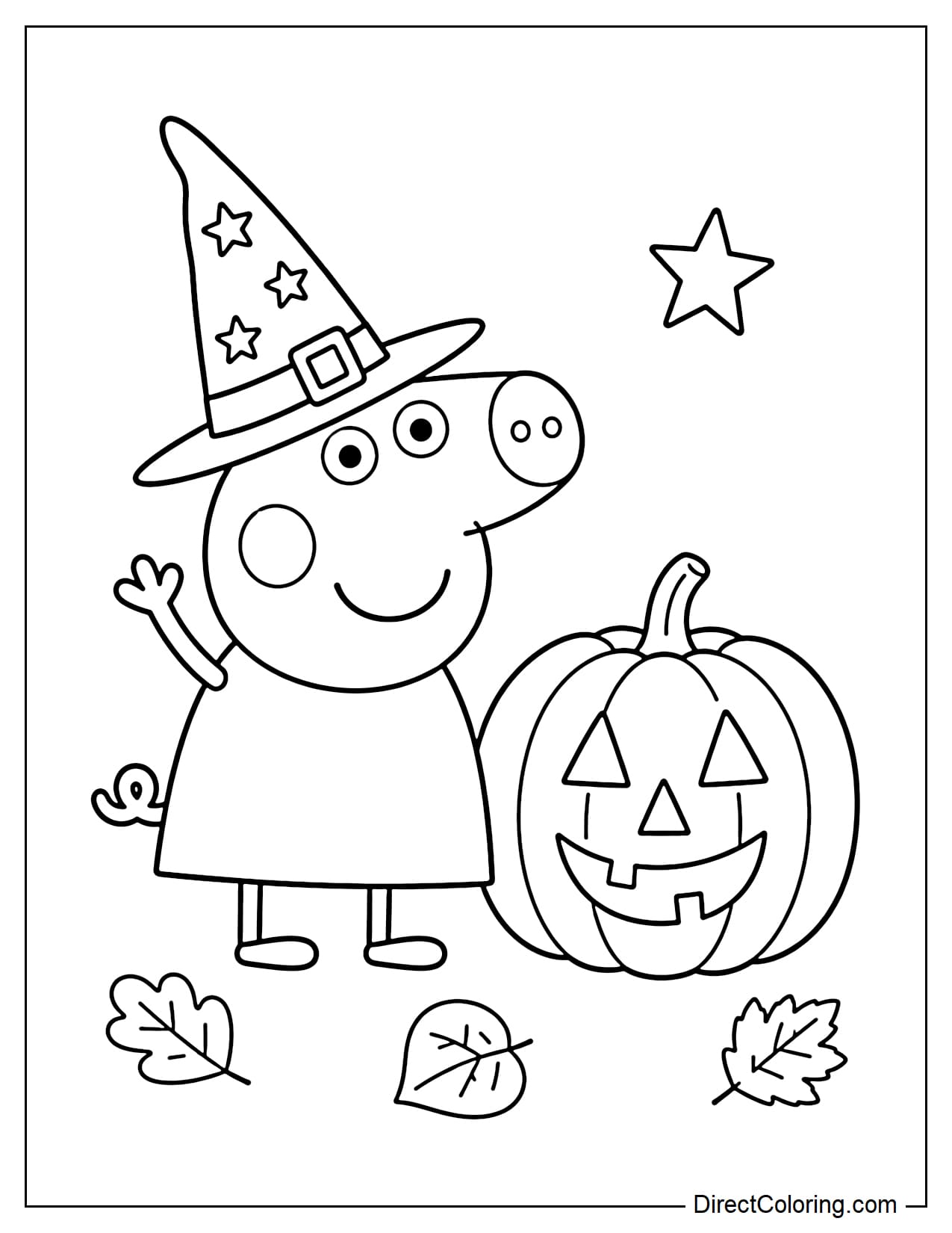 Peppa Pig standing happily beside a large Halloween pumpkin, wearing a witch hat and raising one hand in a friendly wave.