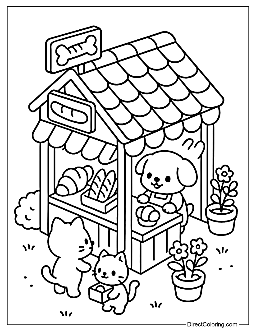 Isometric puppy bakery coloring page, bone bread sign; yard with grass, flower pot; dog selling, cat buying; inside there are loaves of bread, baguette, brioche on wooden shelves.