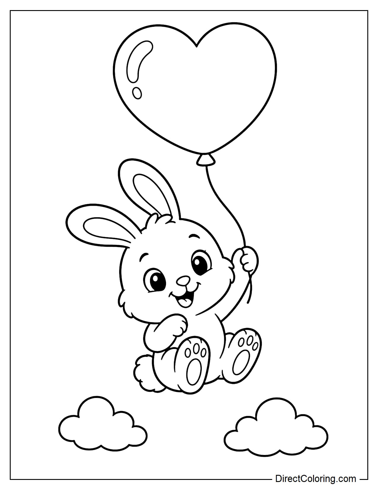 A small rabbit is gently lifted off the ground by a large heart-shaped balloon, with its little legs tucked up in a cute pose.