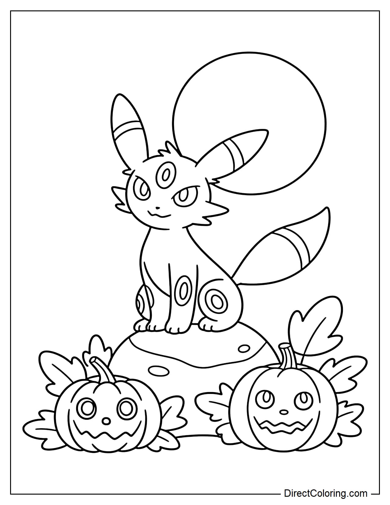Pokémon Umbreon sitting on a small rock beneath a large full moon, with two pumpkins and a few leaves nearby.