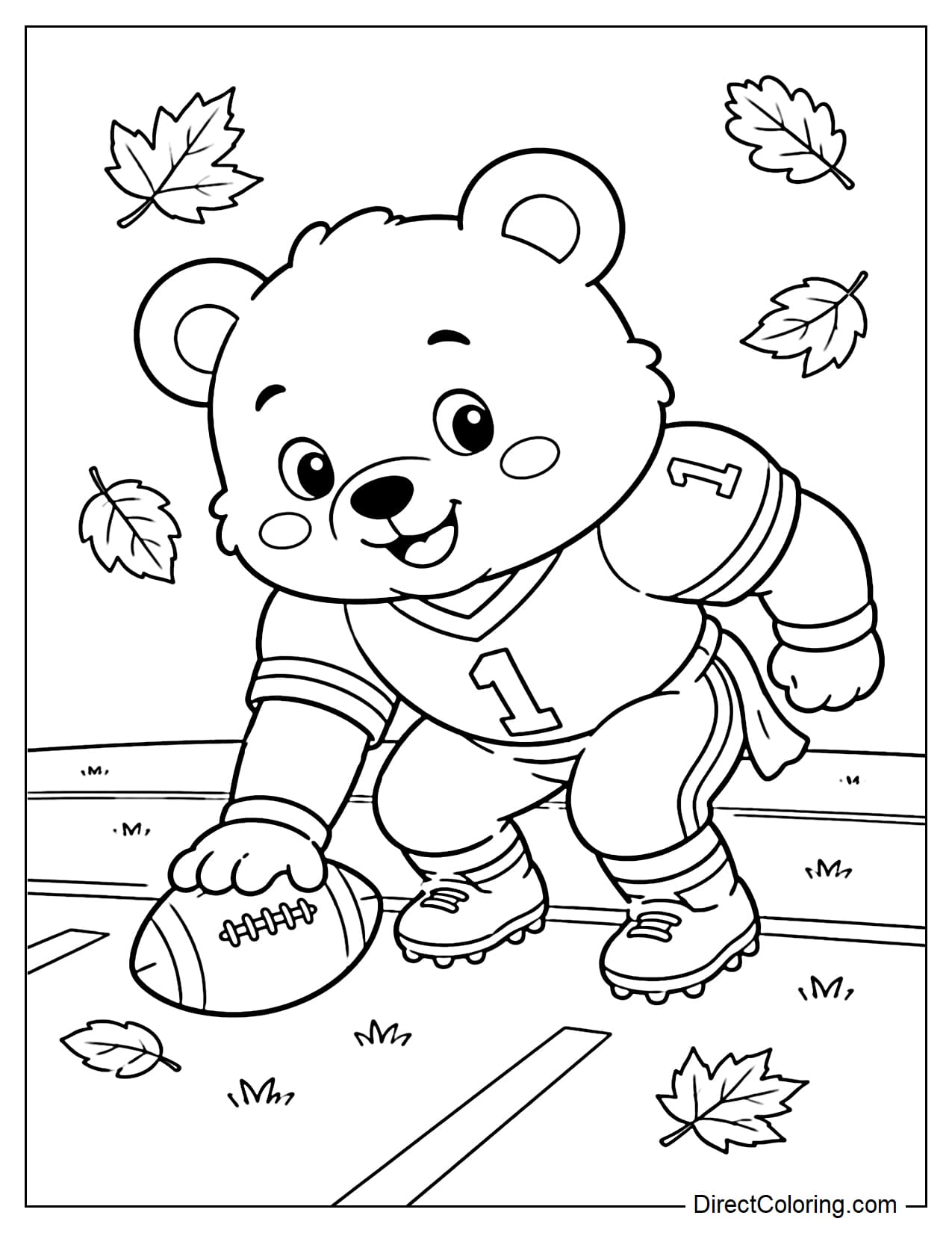 A cute bear crouches in a ready stance with a football tucked close, smiling as if preparing to run toward the end zone, with fall leaves and simple yard lines behind him.