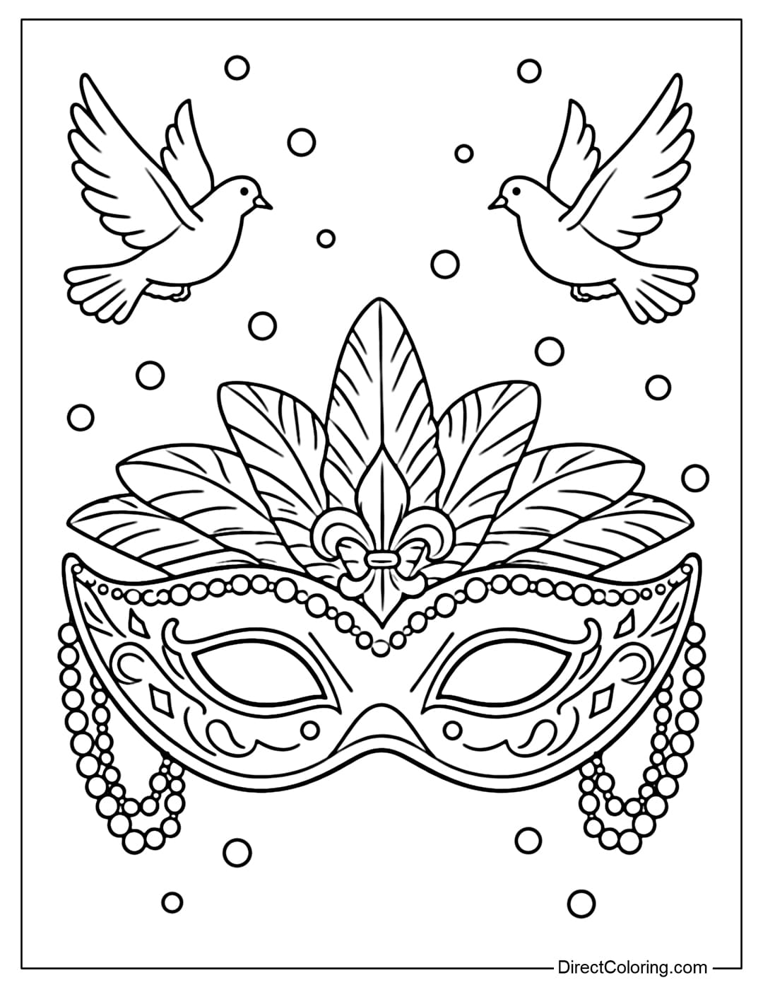 A coloring page of a large Mardi Gras mask with two doves flying symmetrically on top.