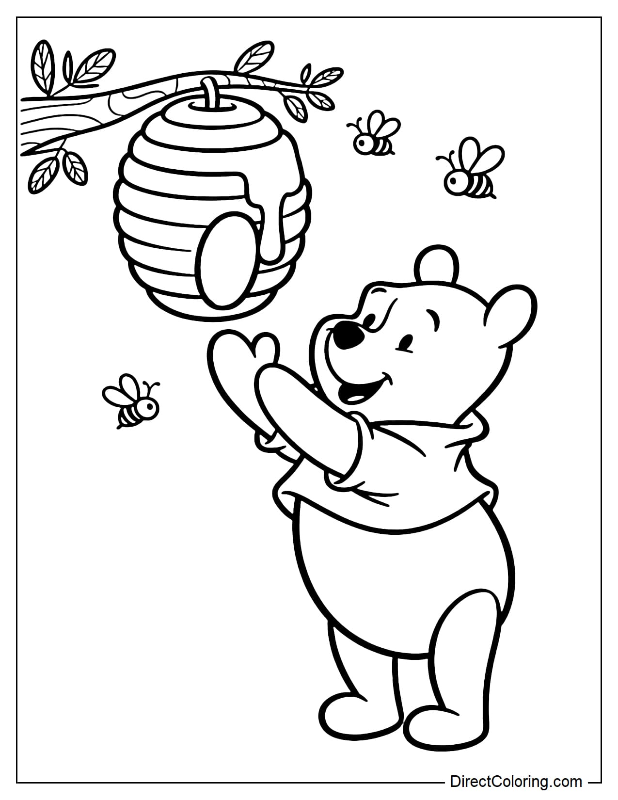 Winnie the Pooh is reaching for honey from a beehive in a tree, surrounded by a few small bees.