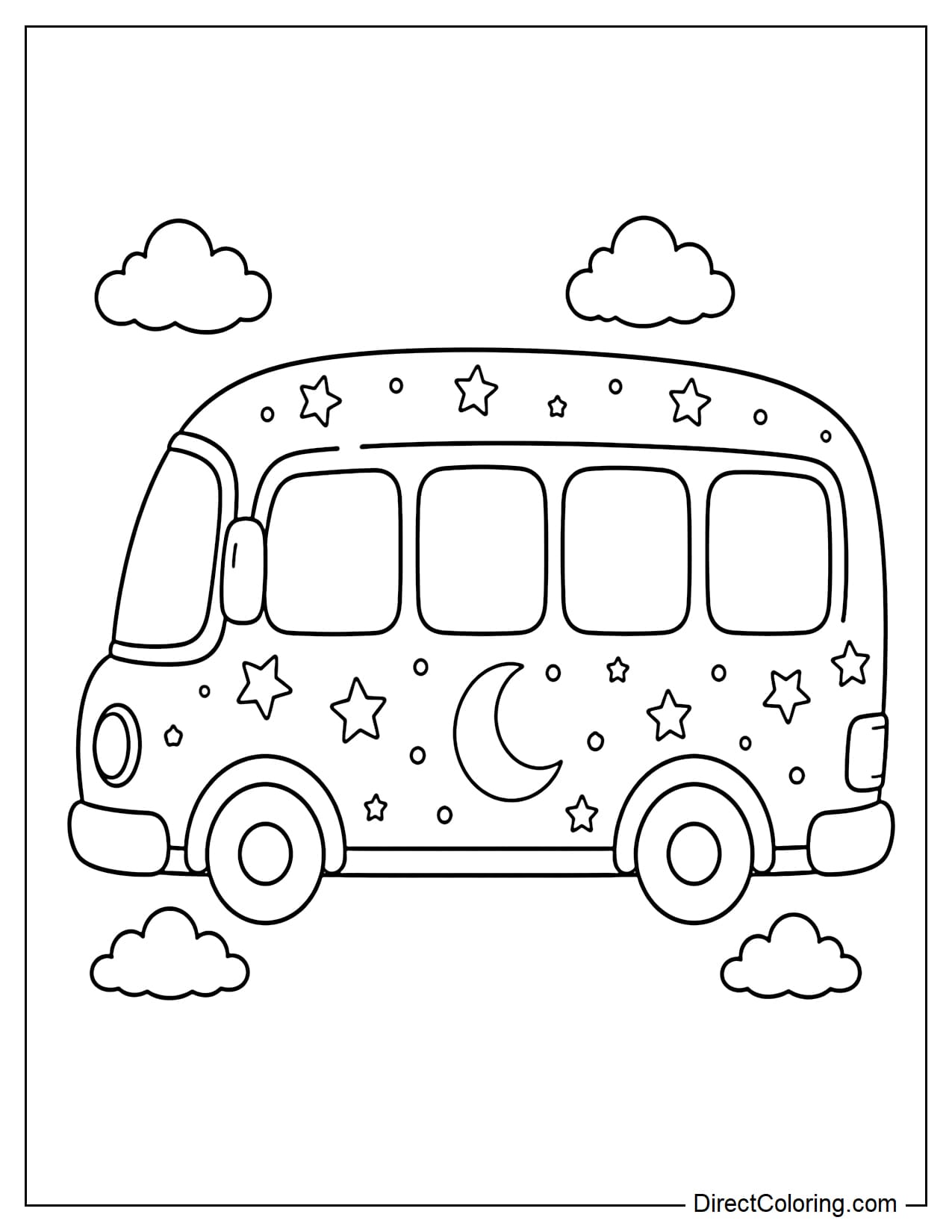 A round school bus viewed from the side, its body decorated with stars, moons, and small dots of light, surrounded by clouds.