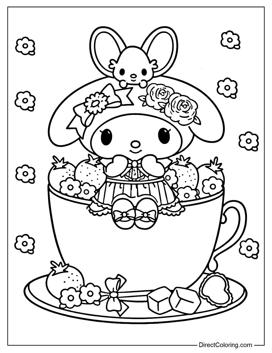 My Melody is sitting in a sweet cup of tea, surrounded by strawberries, pretty flowers, and adorable little cakes. A little mouse friend sits on top of My Melody.