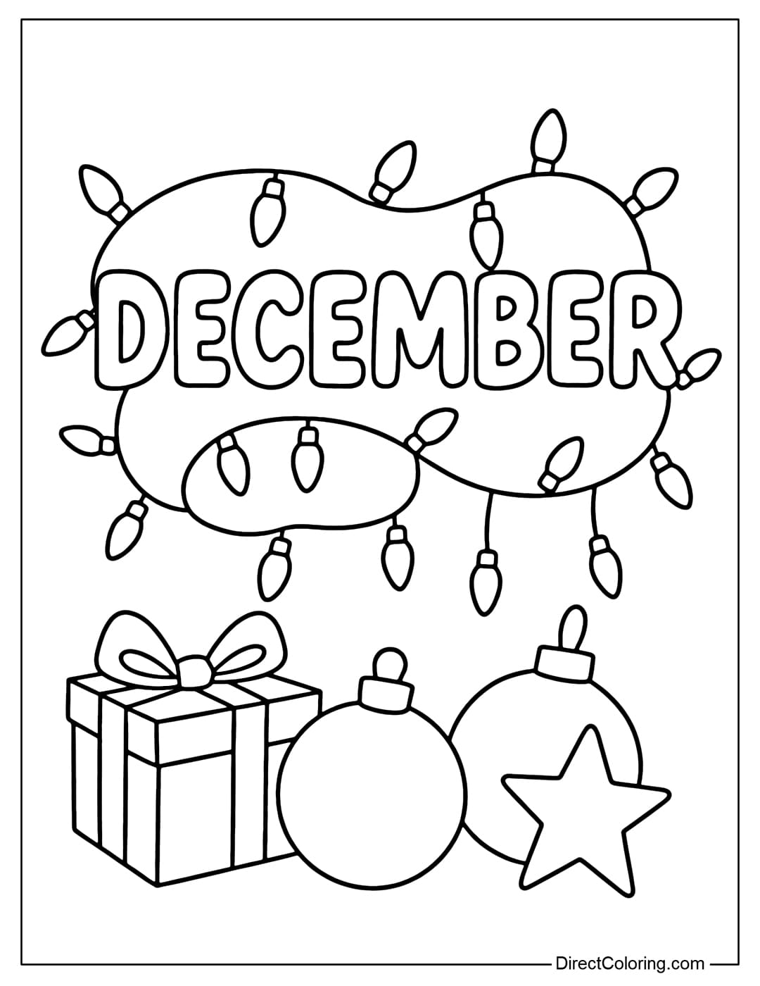 Coloring page with the word DECEMBER wrapped around a string of winding Christmas lights.
