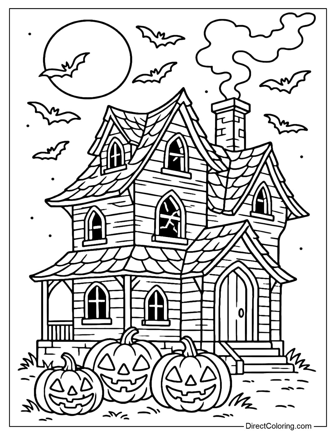 An ancient haunted house coloring page, smoke billowing from the chimney, a few pumpkins carved with ghostly smiles in the yard and a flock of bats flying.