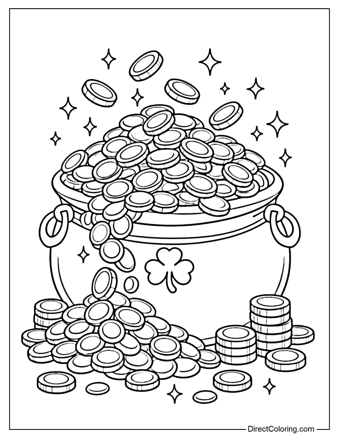 A coloring page of a golden pot overflowing with sparkling lucky coins.