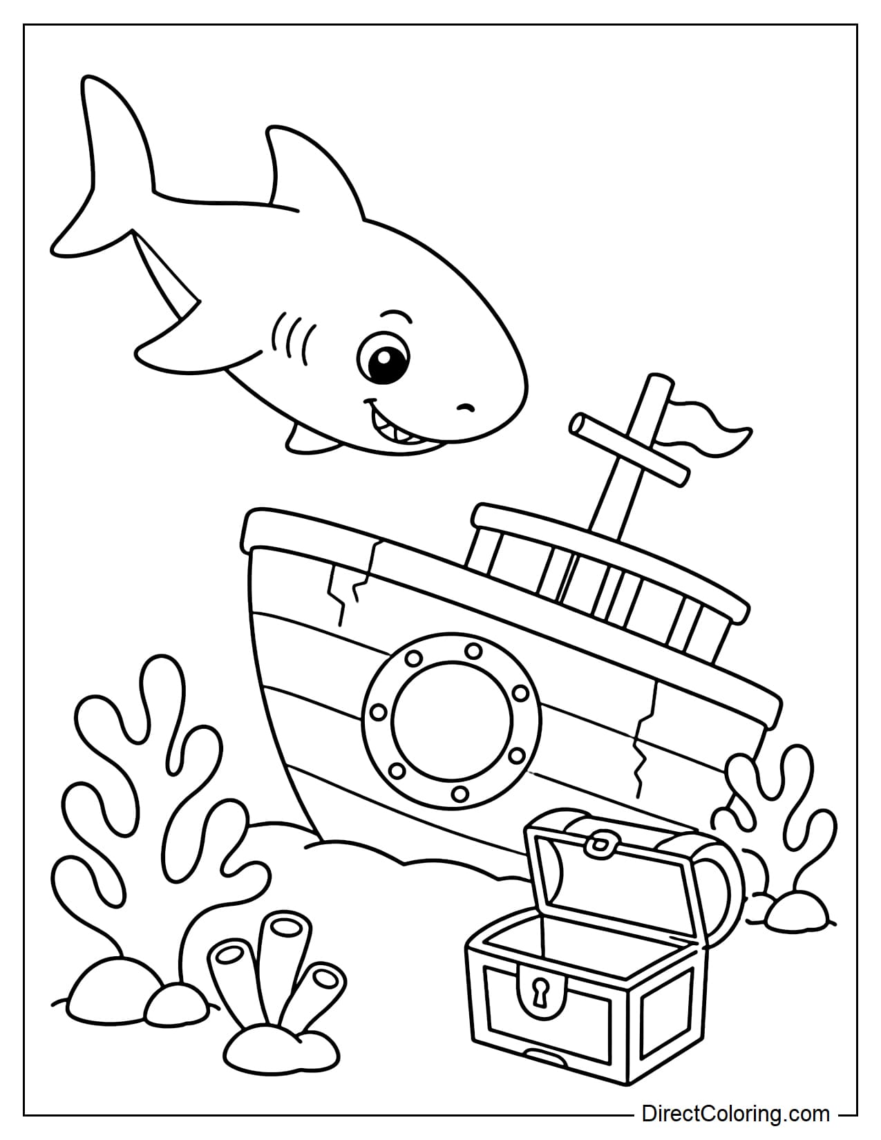 A shark is swimming diagonally down near a small shipwreck, with a round window and an open chest in front, surrounded by coral clusters.