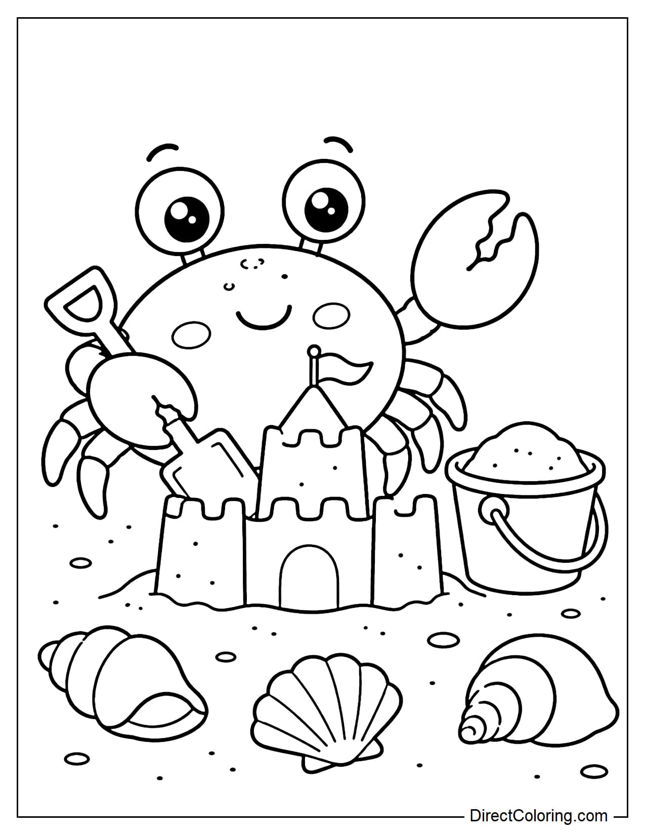 A cute little crab building a mini sandcastle with a small shovel, next to a bucket of sand and some large seashells.