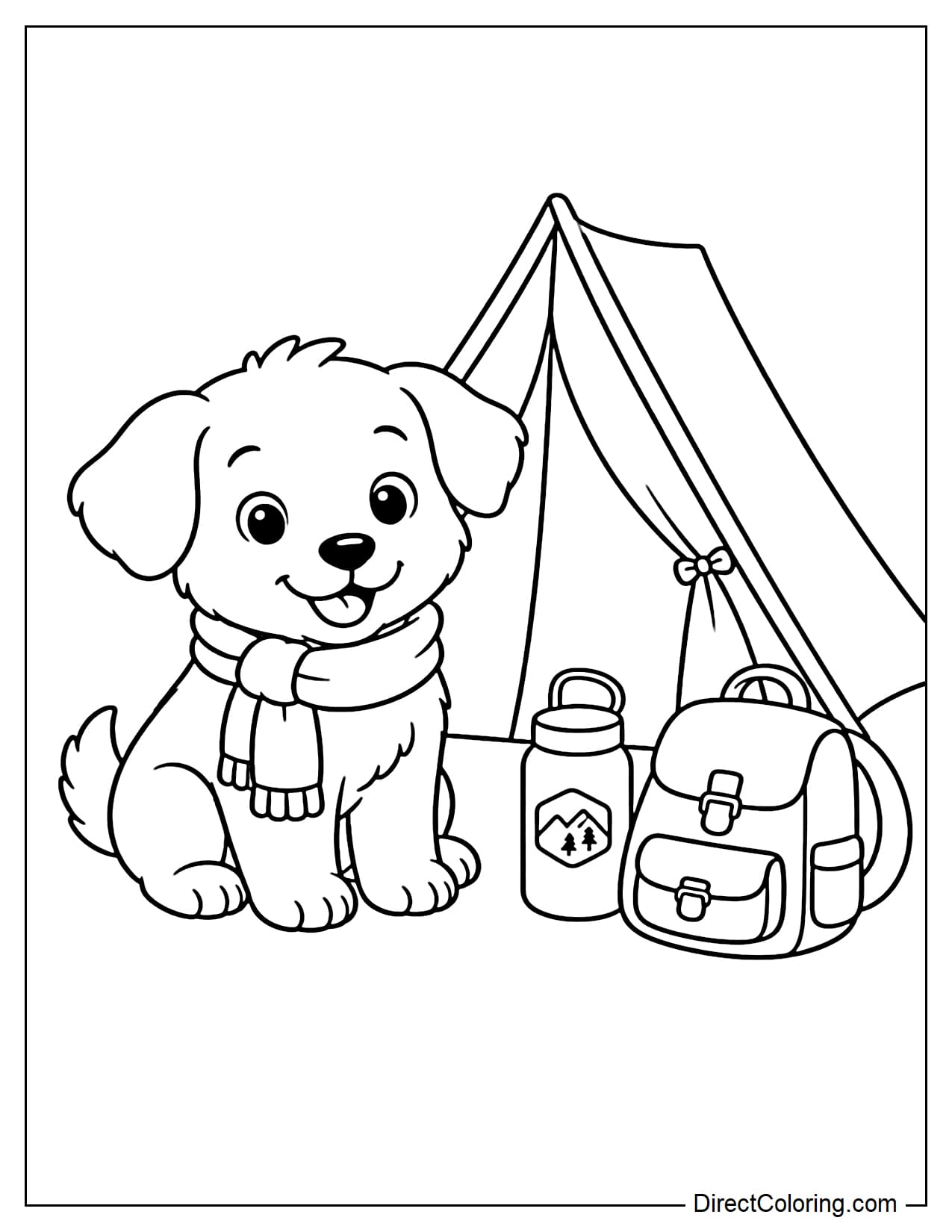An adorable dog wearing a scarf is sitting next to the camping tent, with a water bottle and a small backpack beside it.