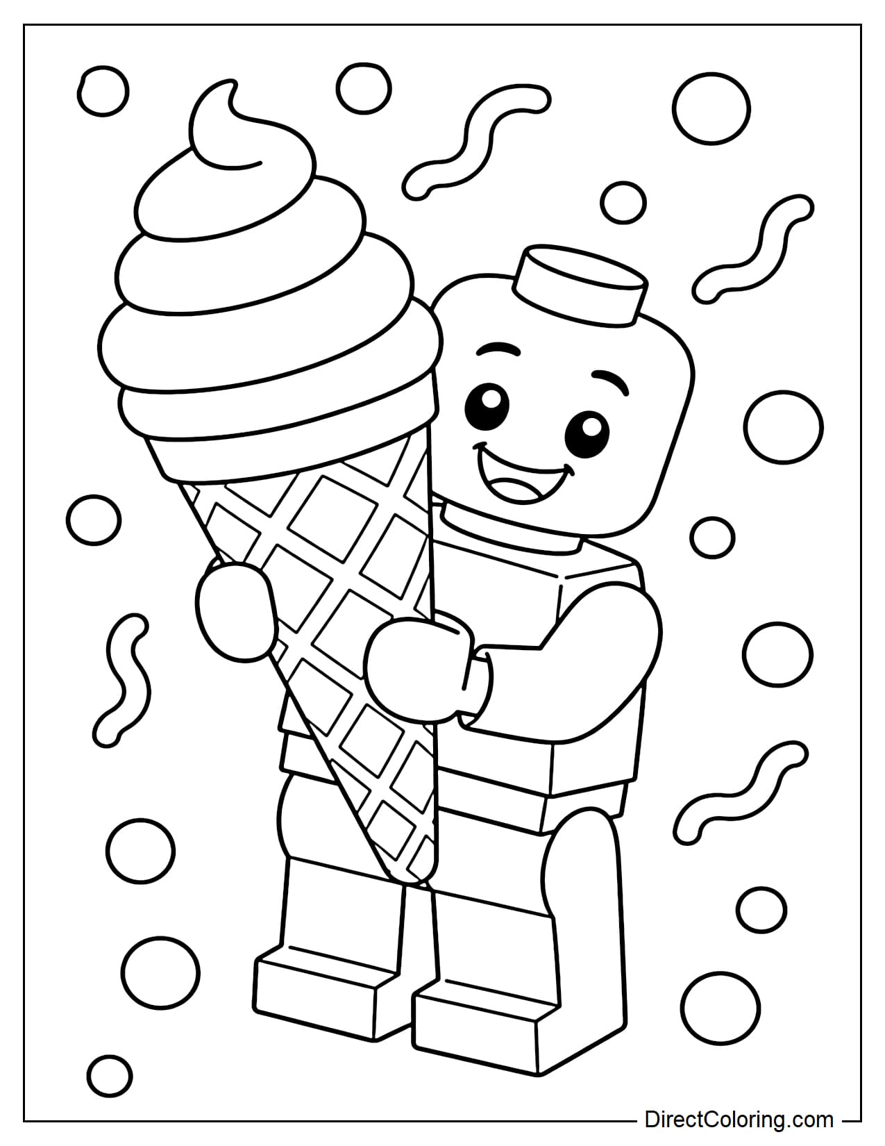 A small LEGO figure is holding a giant ice cream cone with a cheerful smile, surrounded by candy dots and curves.