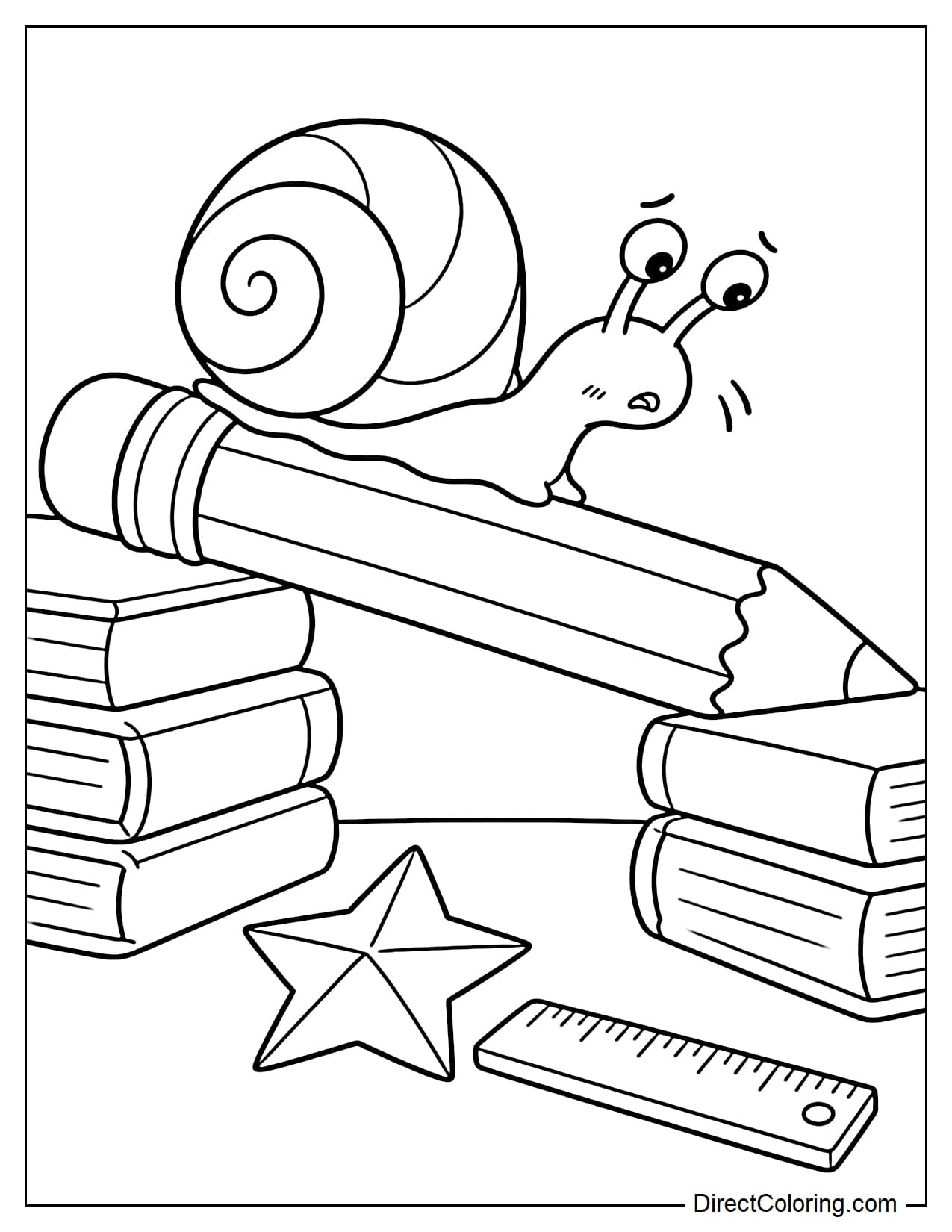 A snail crawling across a giant tilted pencil forming a bridge between two short stacks of books. The snail looks down nervously, with a paper star and a small ruler underneath.