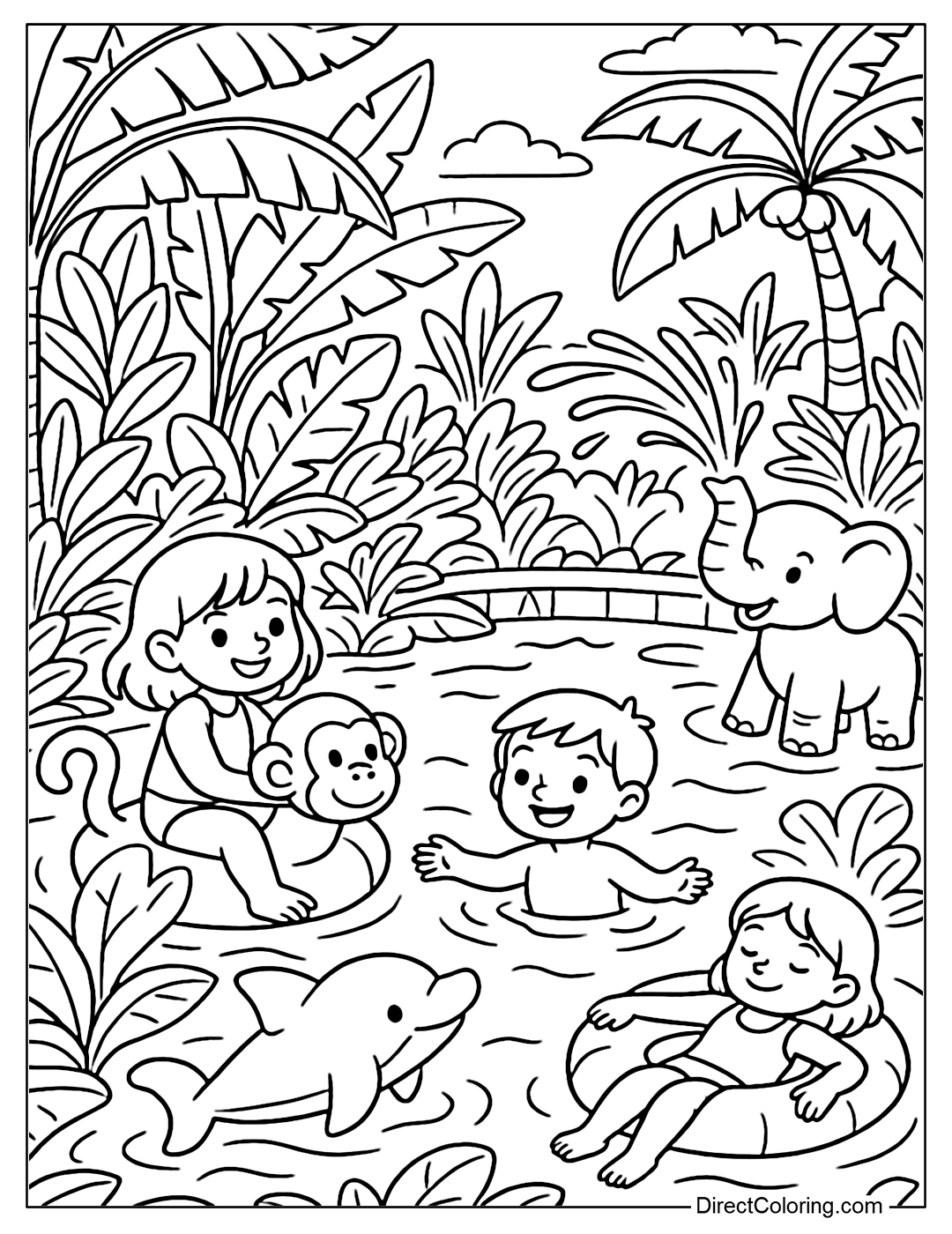 A coloring page of a tropical jungle-themed pool, with monkey floats, banana leaves and water elephants shooting jets.