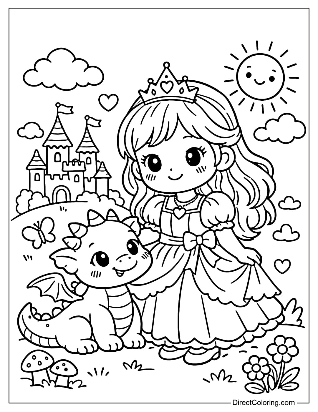 A coloring page of a princess standing next to a cute little dragon.