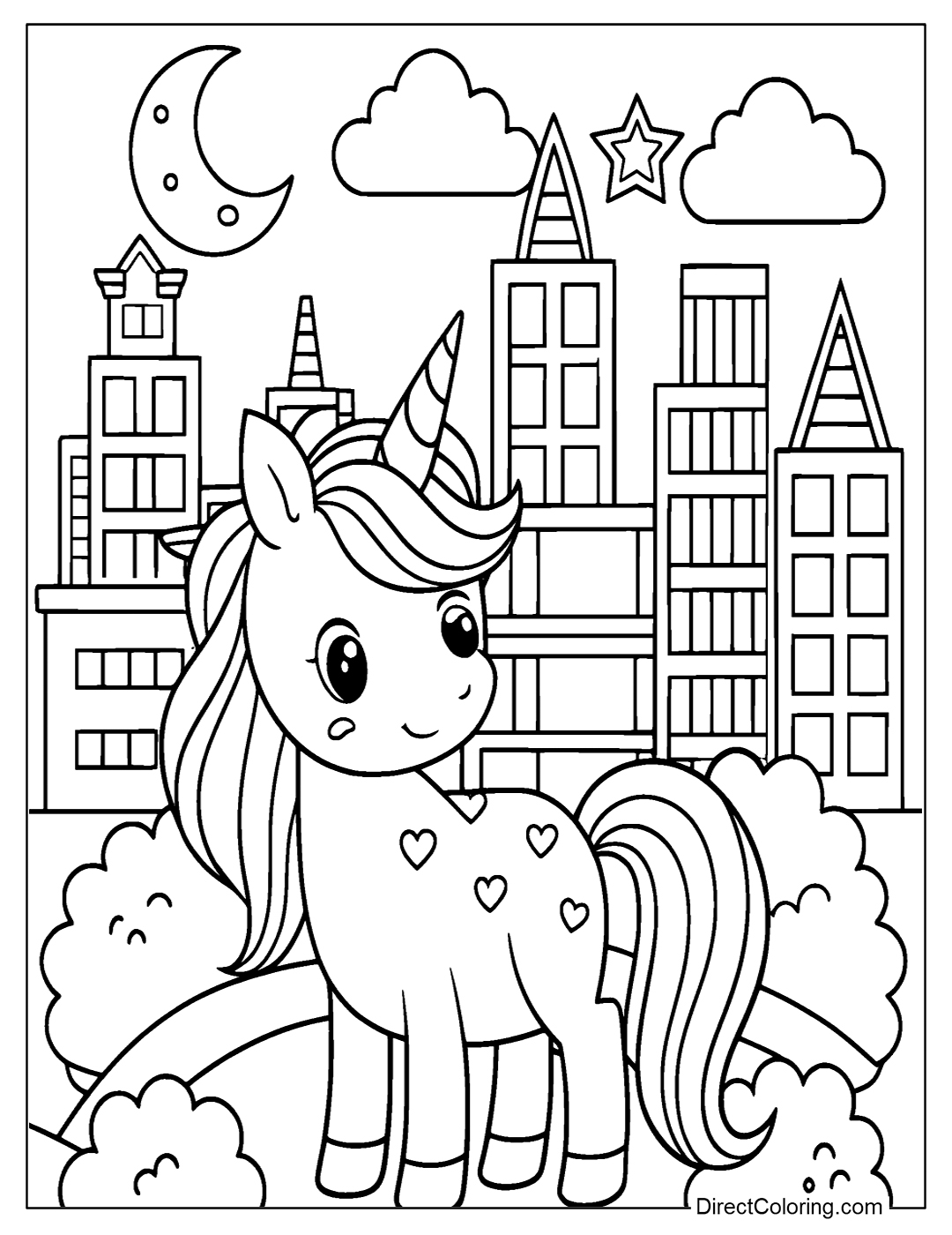 Coloring Page for Kids Unicorn in a City