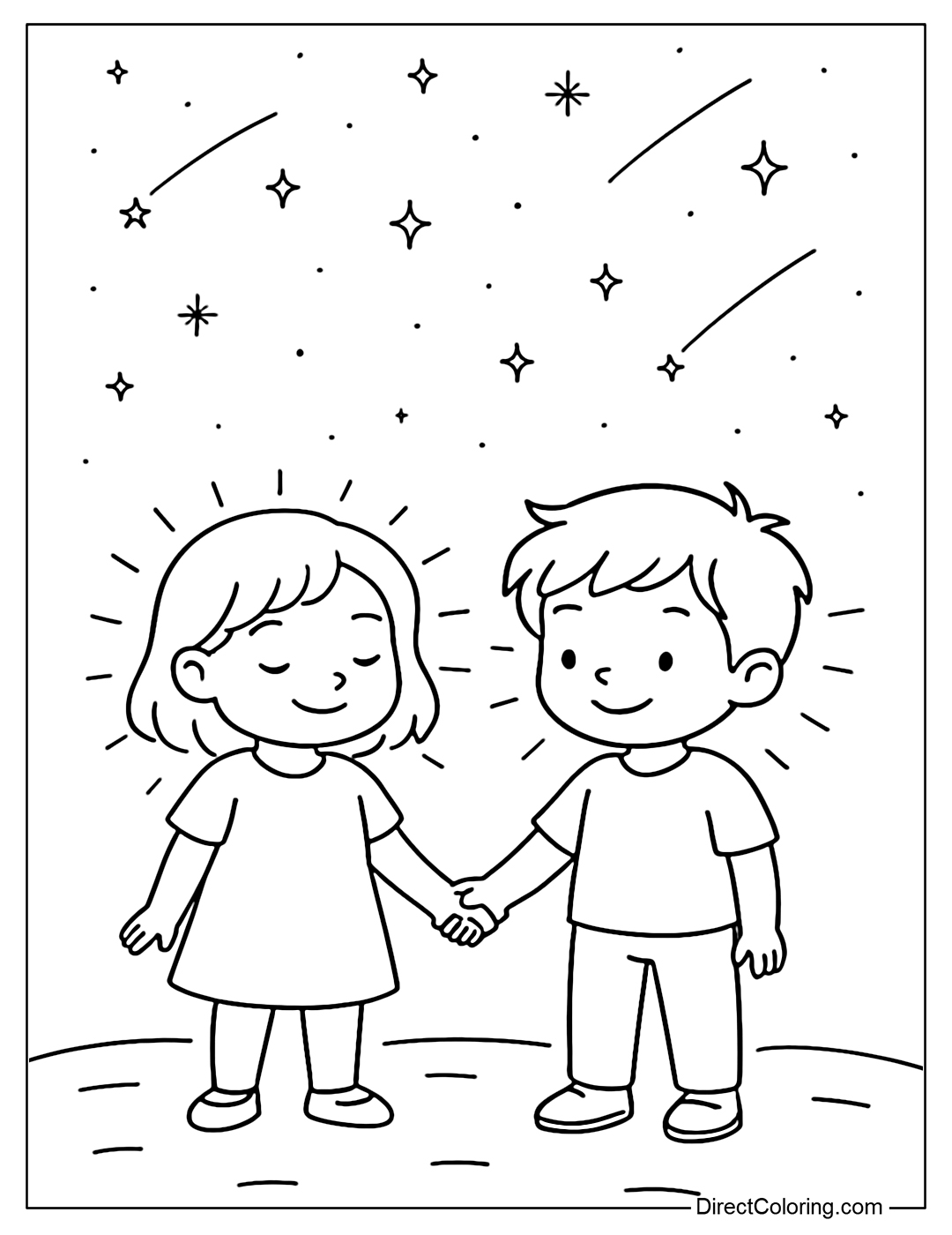 Coloring page of two young people holding hands, glowing under the starry sky – each with their own light.