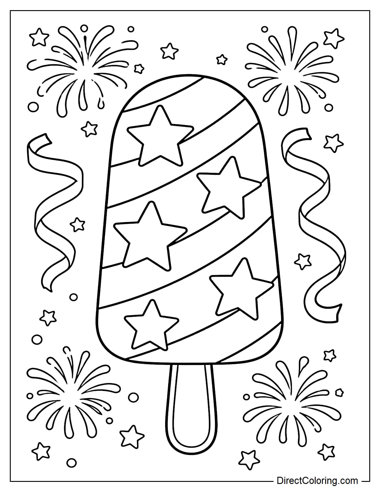 A popsicle decorated with large stars and stripes inspired by the 4th of July celebration, surrounded by simple fireworks and ribbons.