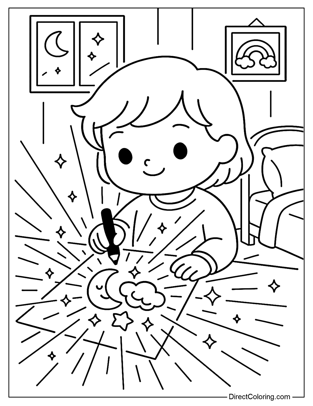 Coloring page of a child drawing a dream, the drawing glows and spreads light throughout the room.