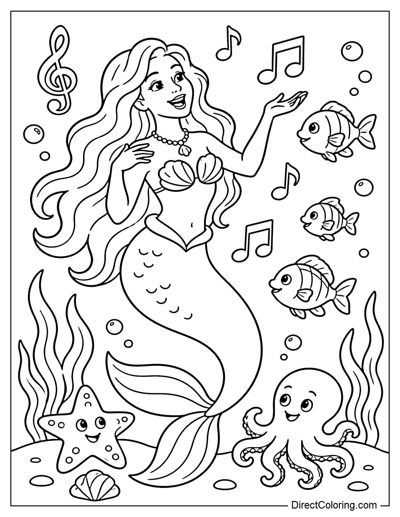 A mermaid is singing happily, surrounded by large musical notes and her ocean friends, such as small fish, starfish, and baby octopuses, listening.