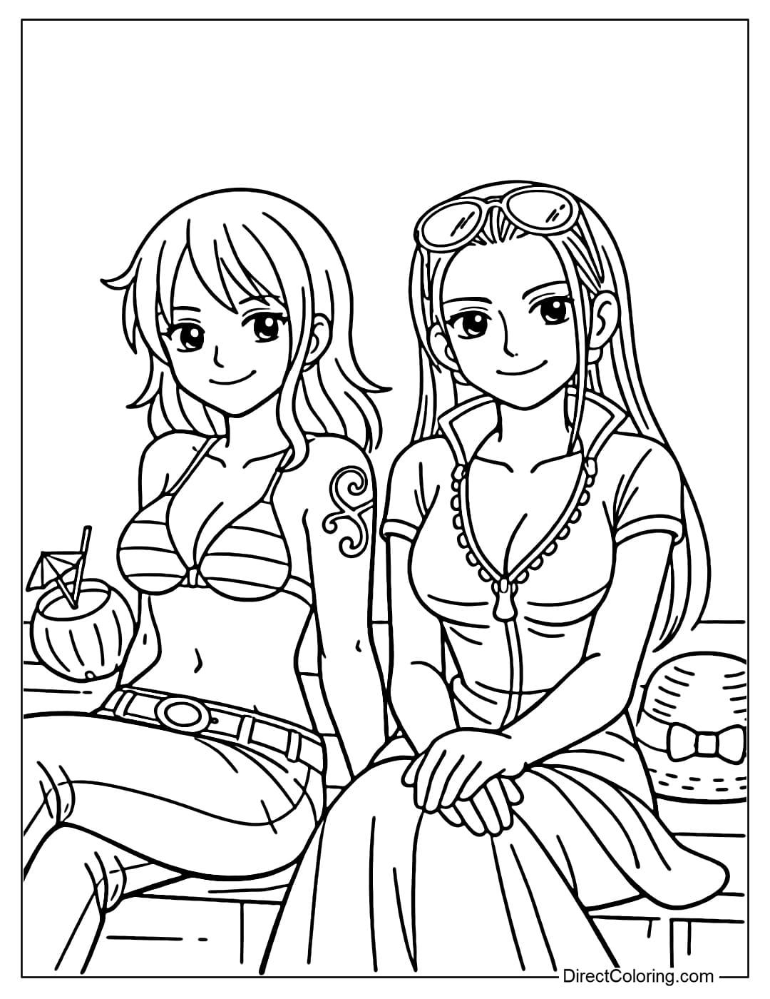 Nami and Robin are sitting next to each other, relaxing and smiling gently.