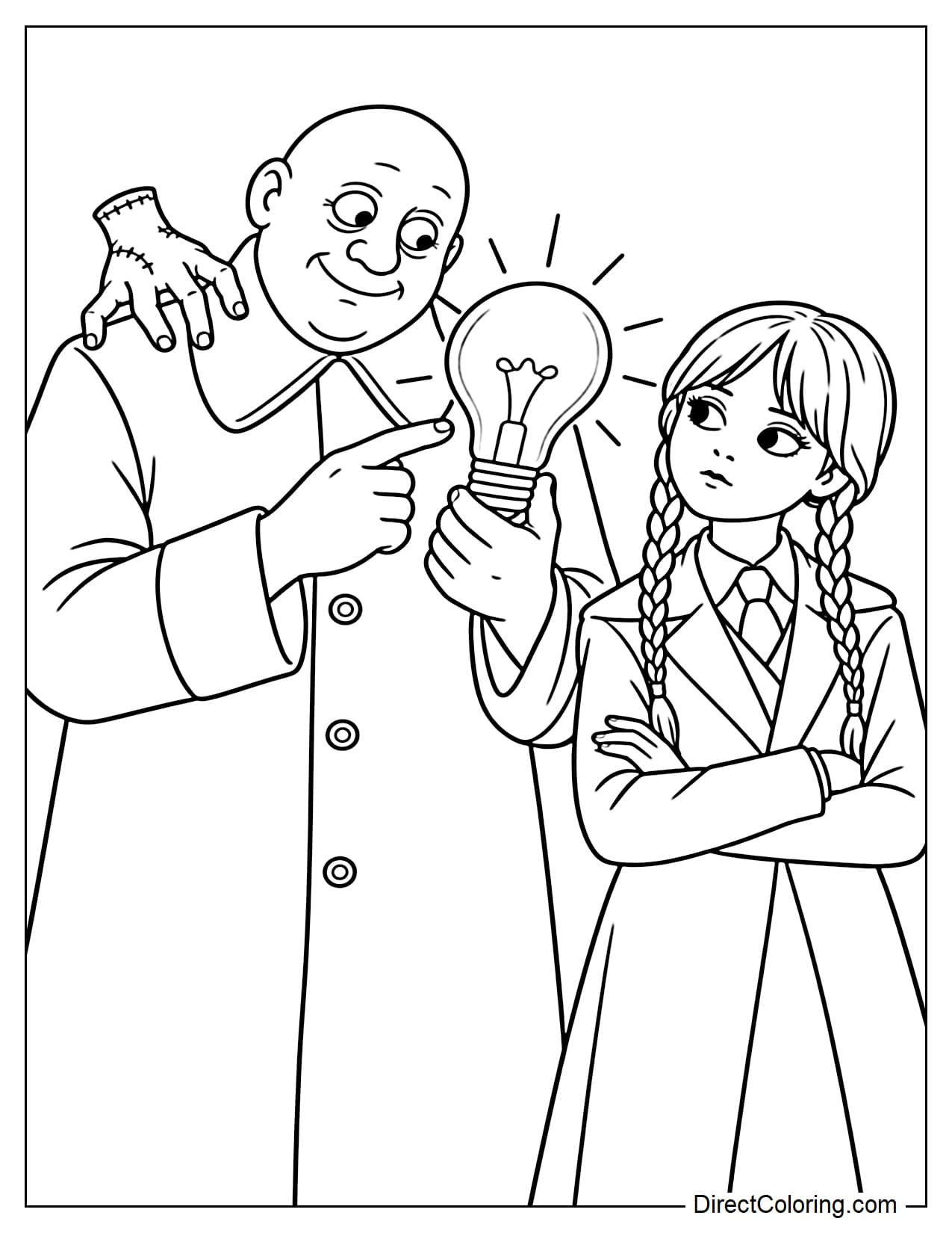 Wednesday stands beside Uncle Fester, who cheerfully holds a large glowing light bulb. Wednesday tilts her head and watches him with a calm expression, while Thing appears on Fester's shoulder.